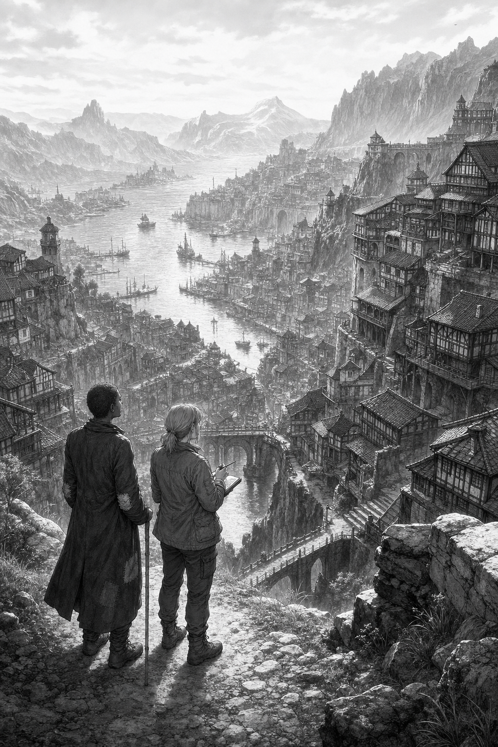 Merel and Adai stand on a high road overlooking Ninefold, a vast harbour city of green roofs and stone terraces folded around cliffs and bright water.