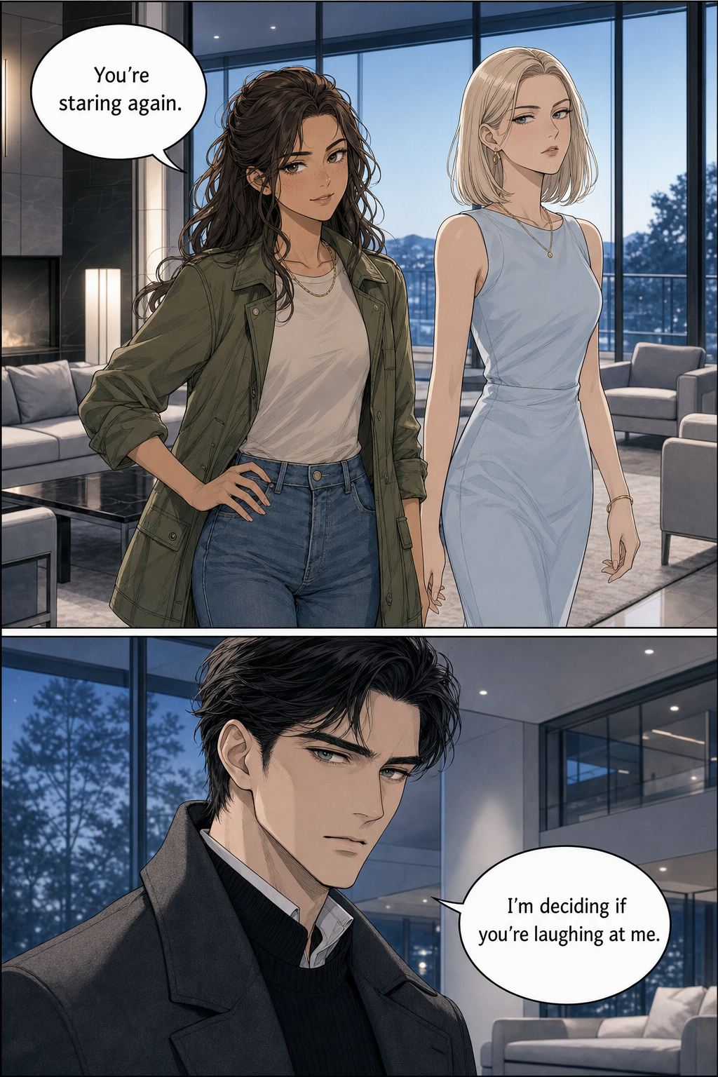 Mid-stroll by the glass wall, Lizzie stops and calls Darcy out for staring; below, a caught Darcy deflects with a guarded line.