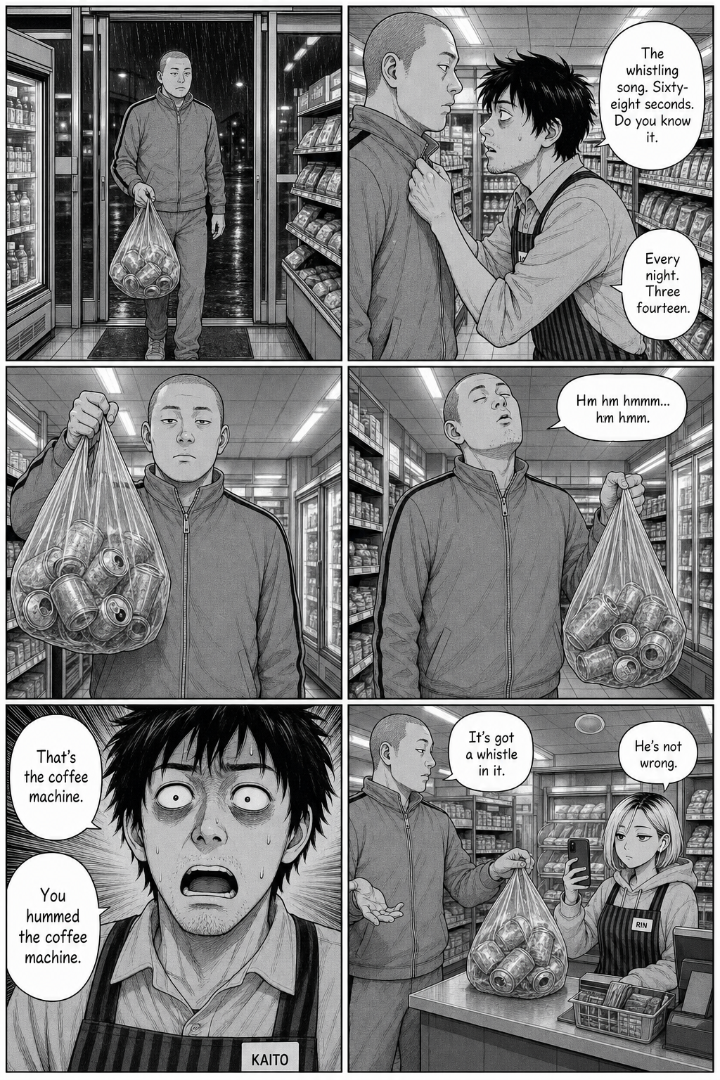 Six panels. The tracksuit regular arrives with a bag of empty cans, is ambushed by Kaito about the missing song, and hums the coffee machine instead.