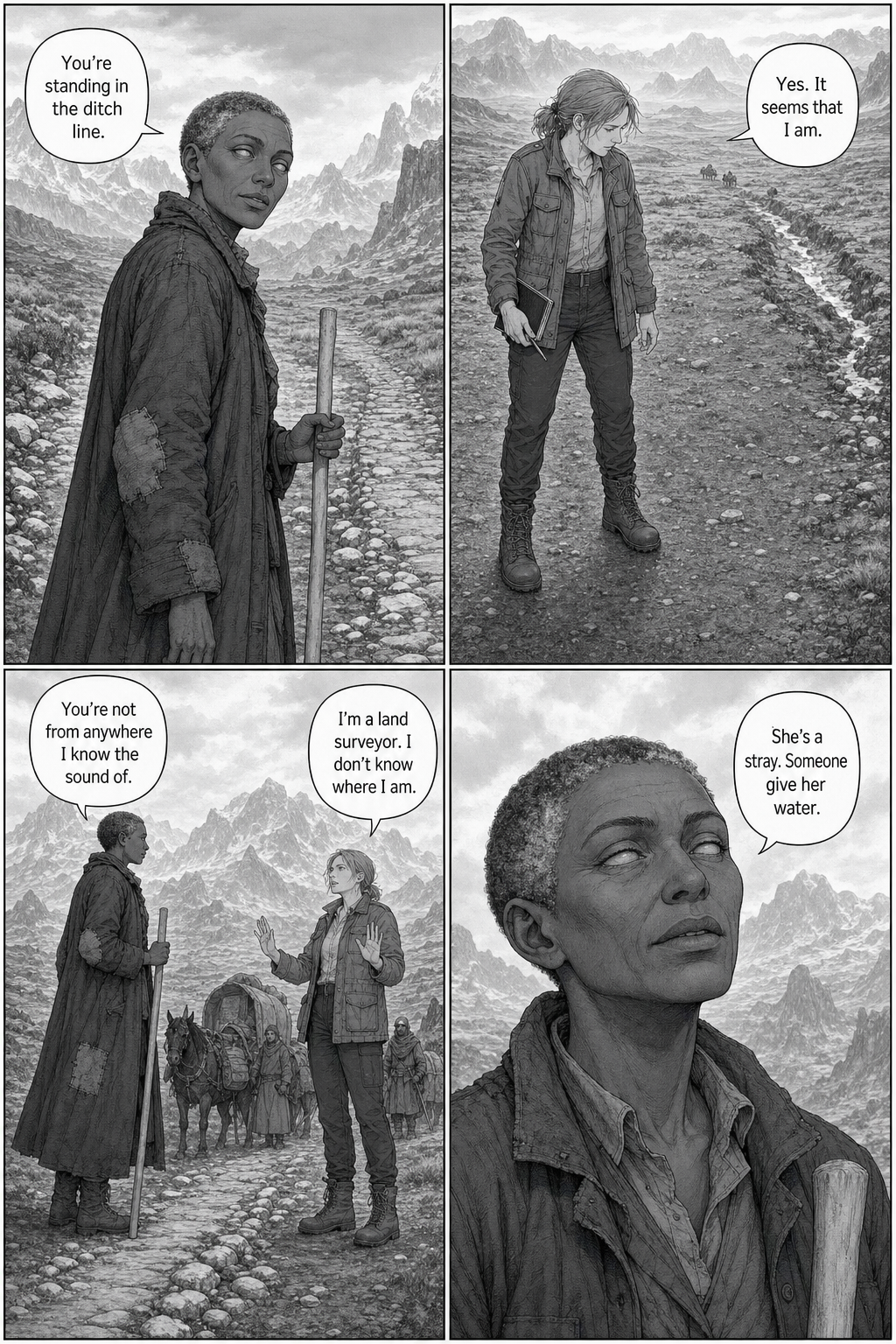 Adai turns directly toward Merel despite her blind eyes, while Merel notices the landscape behind her has shifted and then shows she is unarmed.