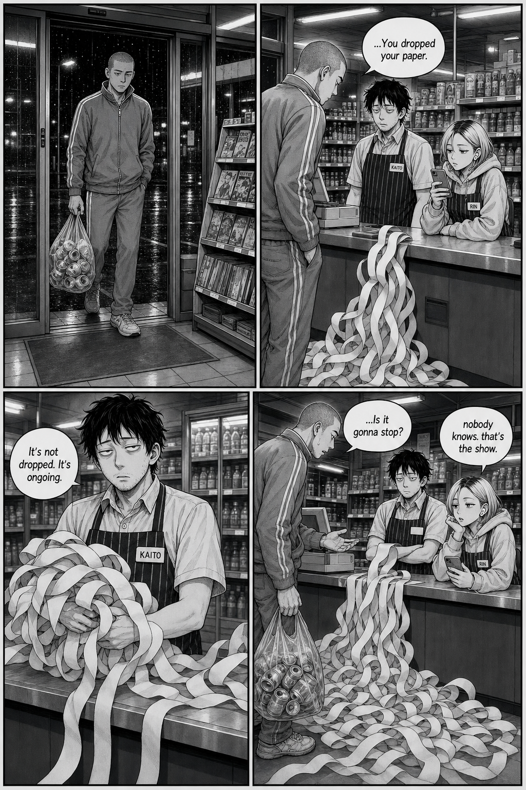 The tracksuit regular with his bag of cans comes in from the rain, notices the paper spilling over the counter, and asks if it's going to stop.