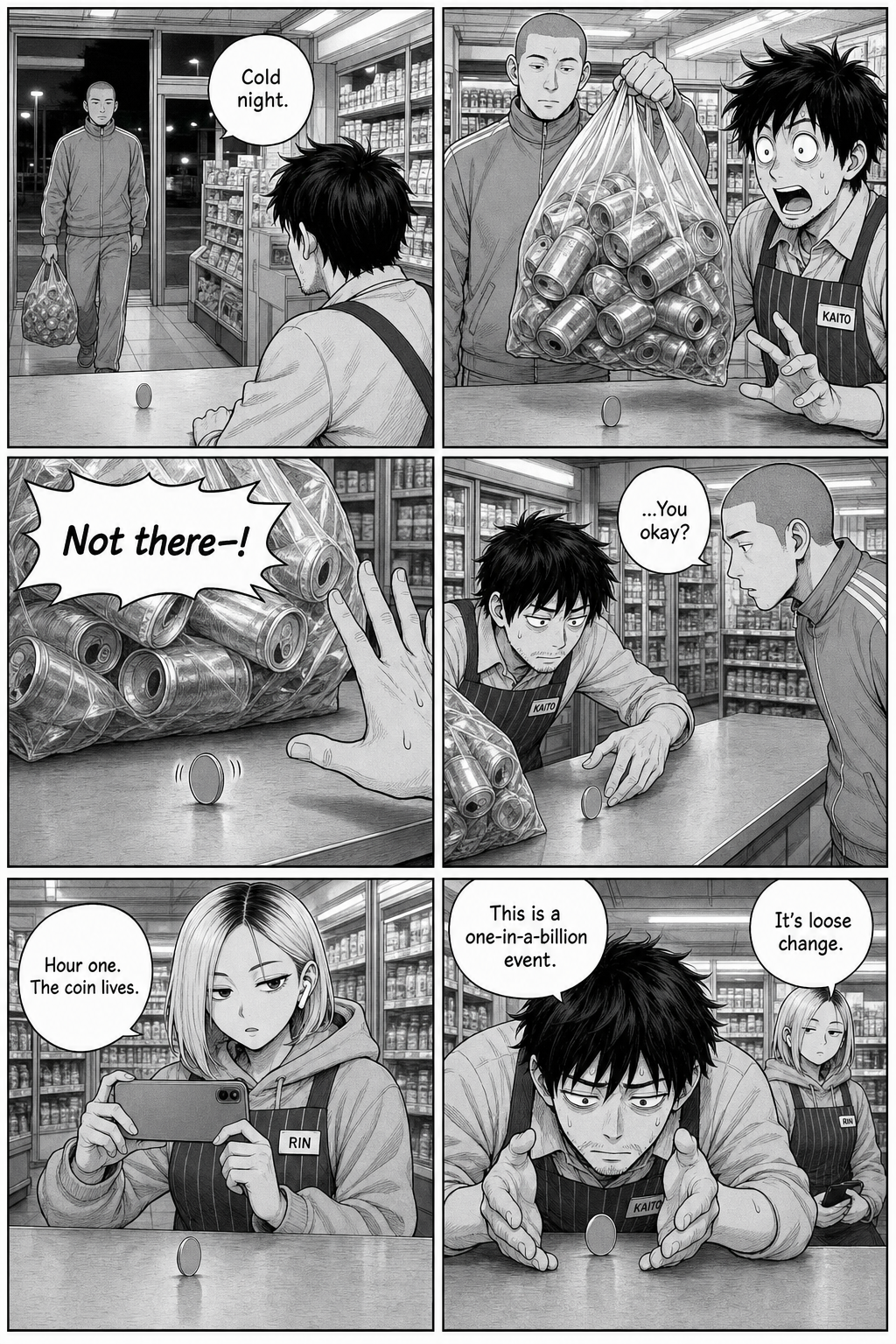 Six panels: the tracksuit regular sets his clanking bag of cans by the coin, Kaito panics and eases it away, and Rin narrates hour one to her stream.