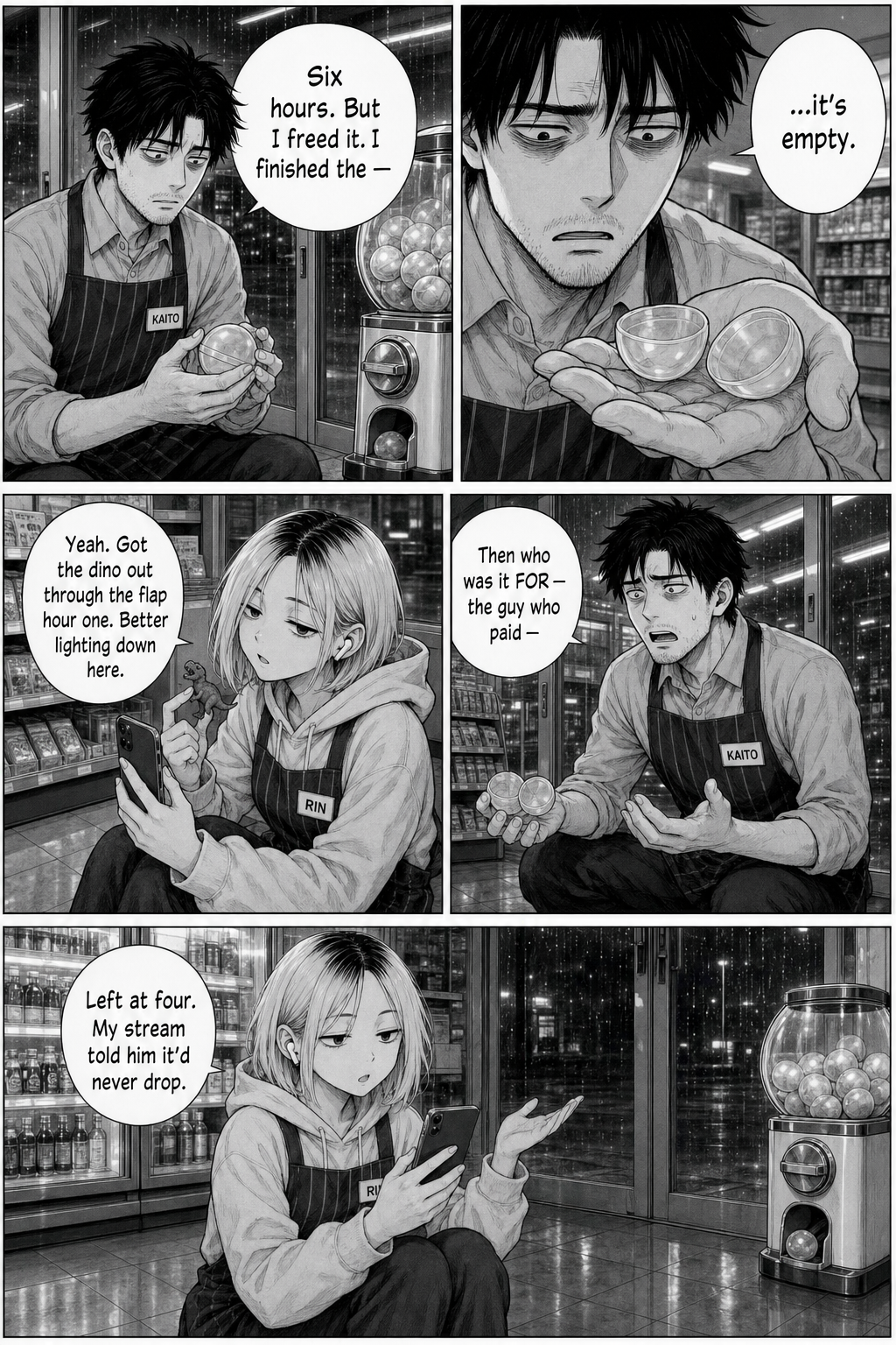 Kaito opens the freed capsule to find it empty; Rin holds the little toy she fished out hours ago up to her camera and says the buyer left at four.
