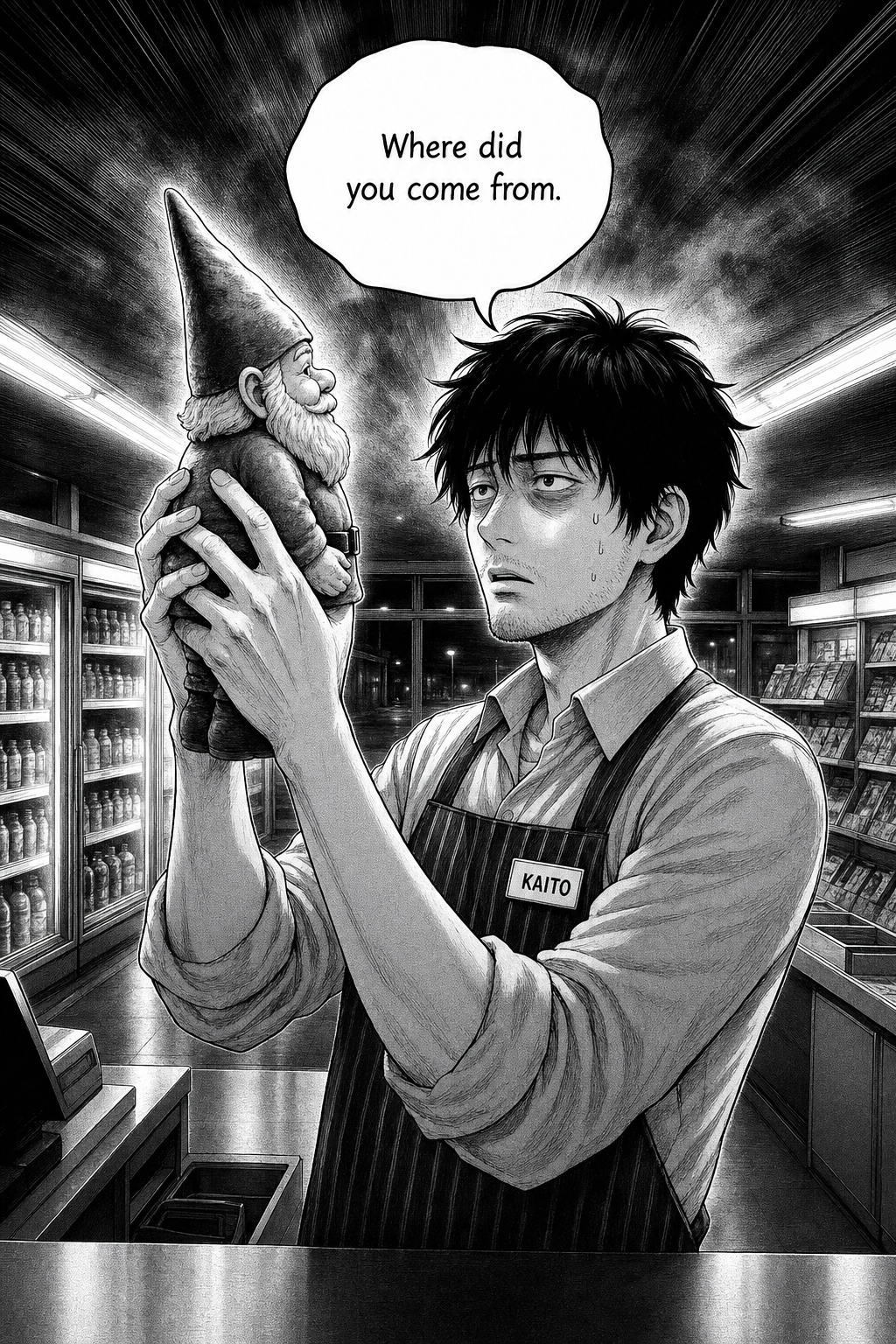 Full-page splash: Kaito holds the ceramic garden gnome up at eye level in both hands, staring into its serene face with hollow existential despair, dramatic radiating screentone lines behind him.