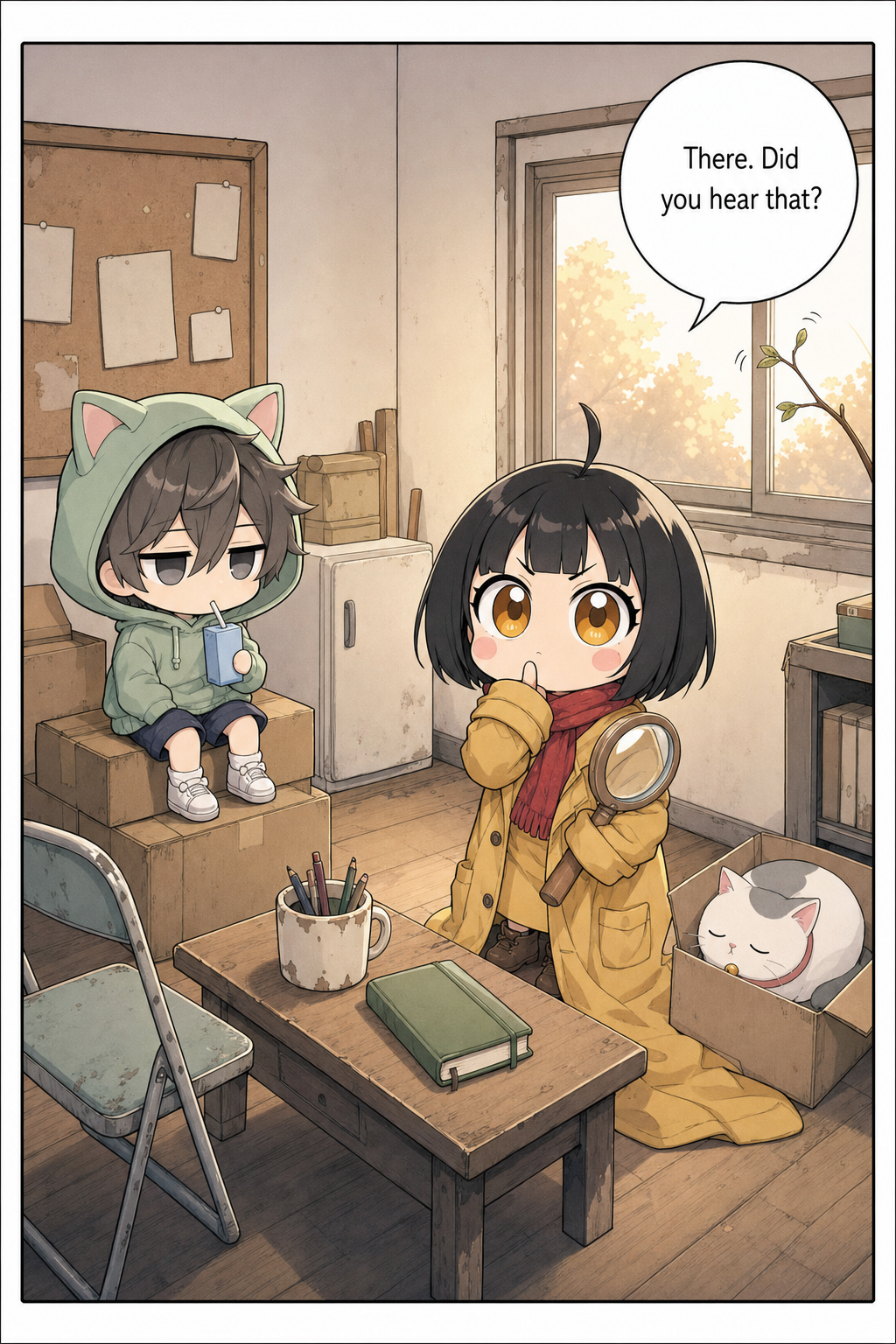 Wide view of the Tiny Case Agency clubroom. A chibi girl in an oversized mustard-yellow coat stands frozen in the middle of the room, one hand raised for silence, head cocked, listening. A chibi boy in a mint-green cat-ear hoodie sips a juice box on the cardboard boxes, a round white cat sleeps in an open box, and a leafy twig touches the square window outside.