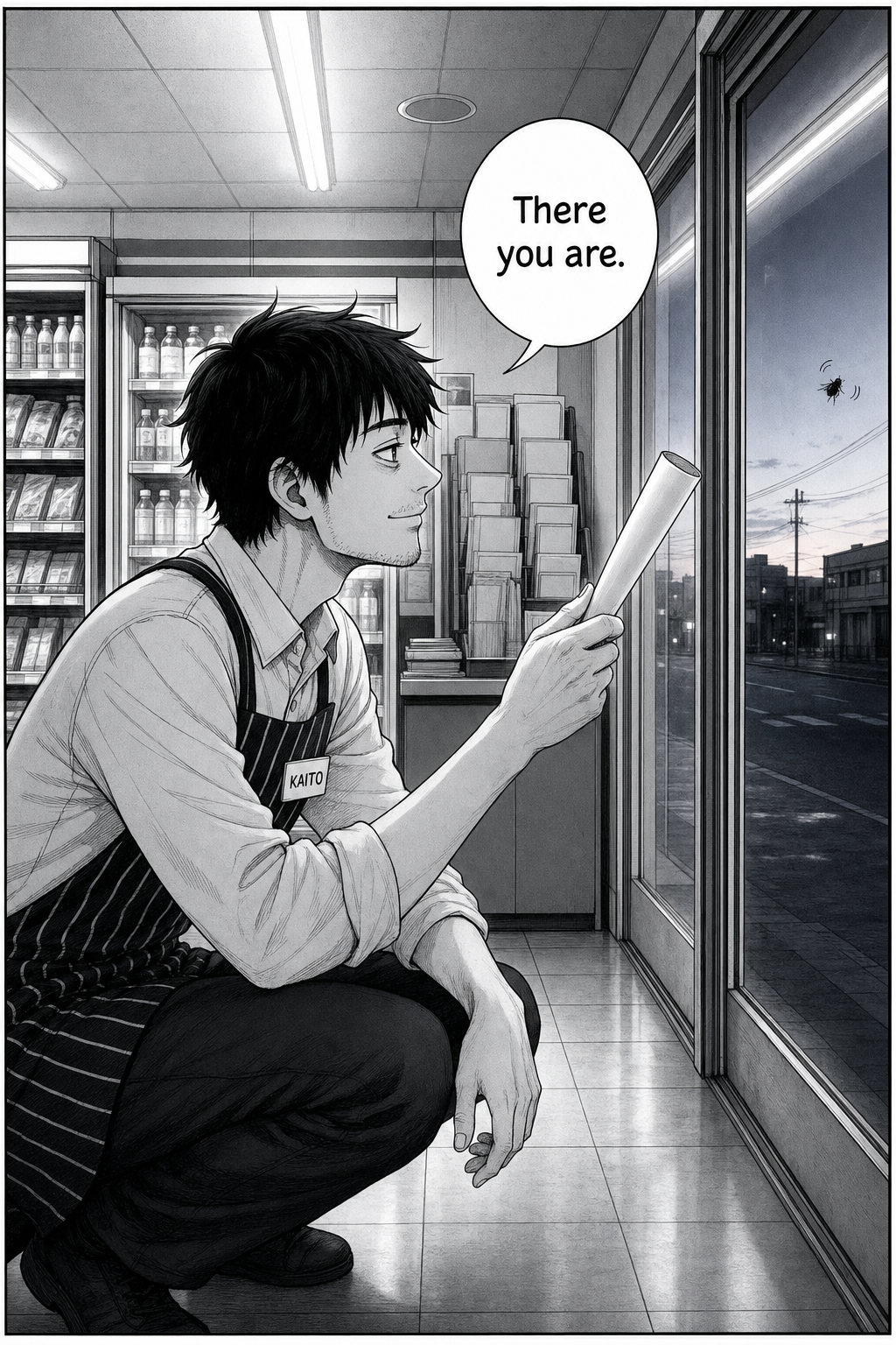 Dawn light; Kaito crouches with the flyer raised, wearing a calm, serene smile, having finally cornered the fly against the glass by the doors.