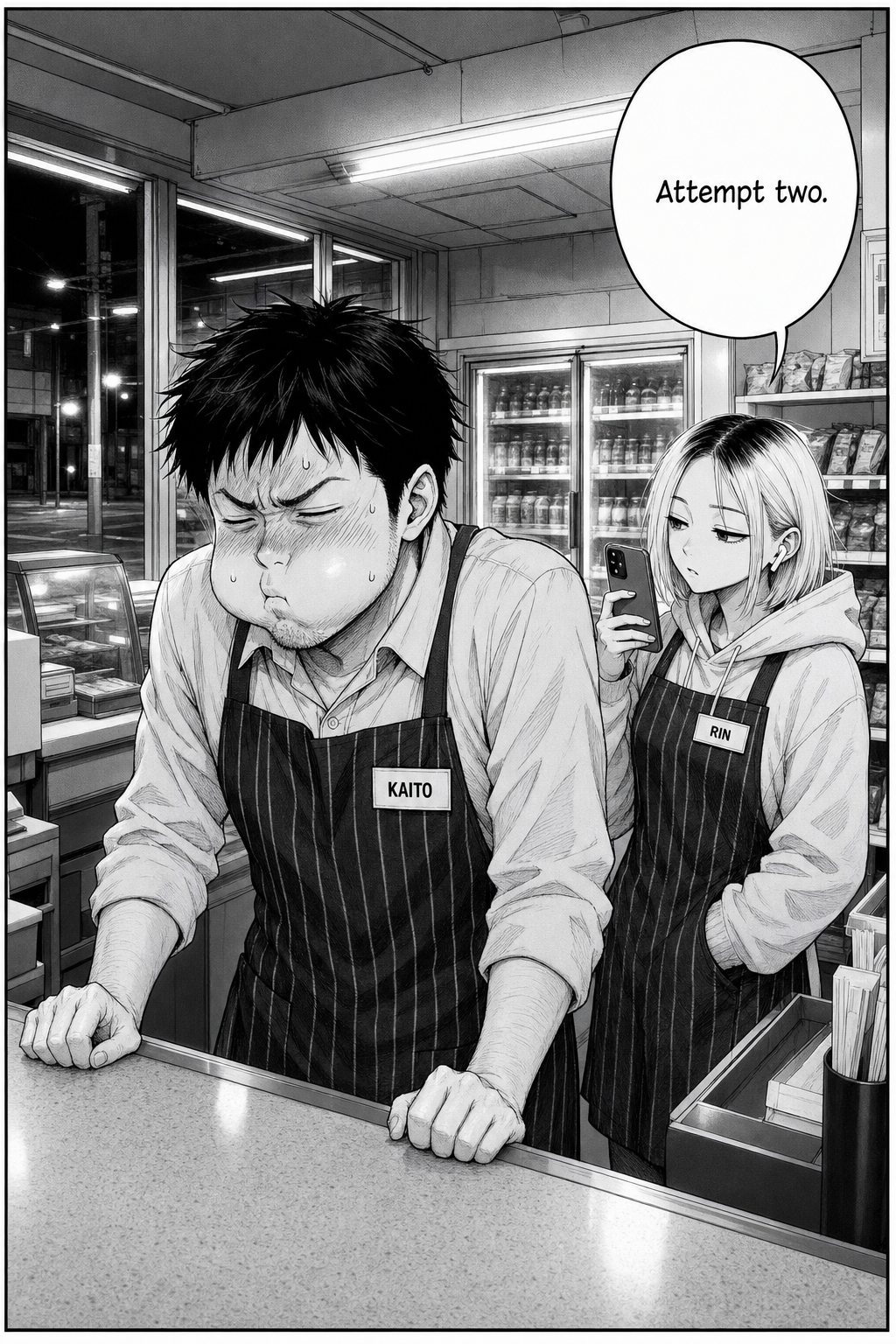 Kaito grips the counter with puffed cheeks and squeezed-shut eyes, holding his breath; Rin films beside him.