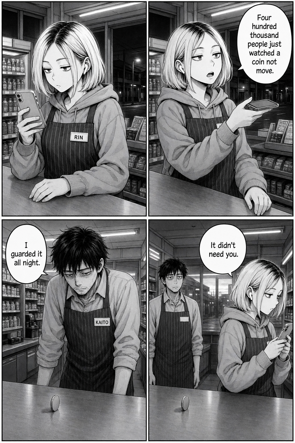Four panels: Rin reveals 400,000 people watched a coin not move; Kaito, hollow, says he guarded it all night; Rin says it didn't need him.