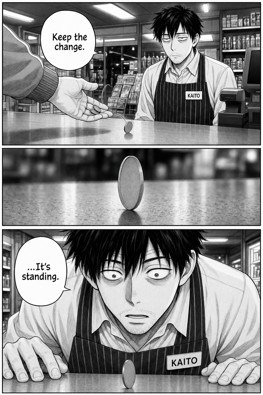 Three panels: a customer's hand tosses change, a single coin settles standing upright on its edge on the counter, and Kaito's face snaps to disbelief.