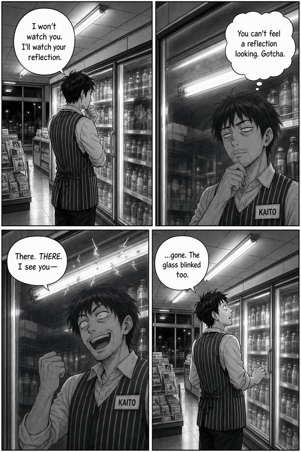 Kaito tries to catch the tube in the cooler-glass reflection; it flickers there, but when he spins around it's steady again.