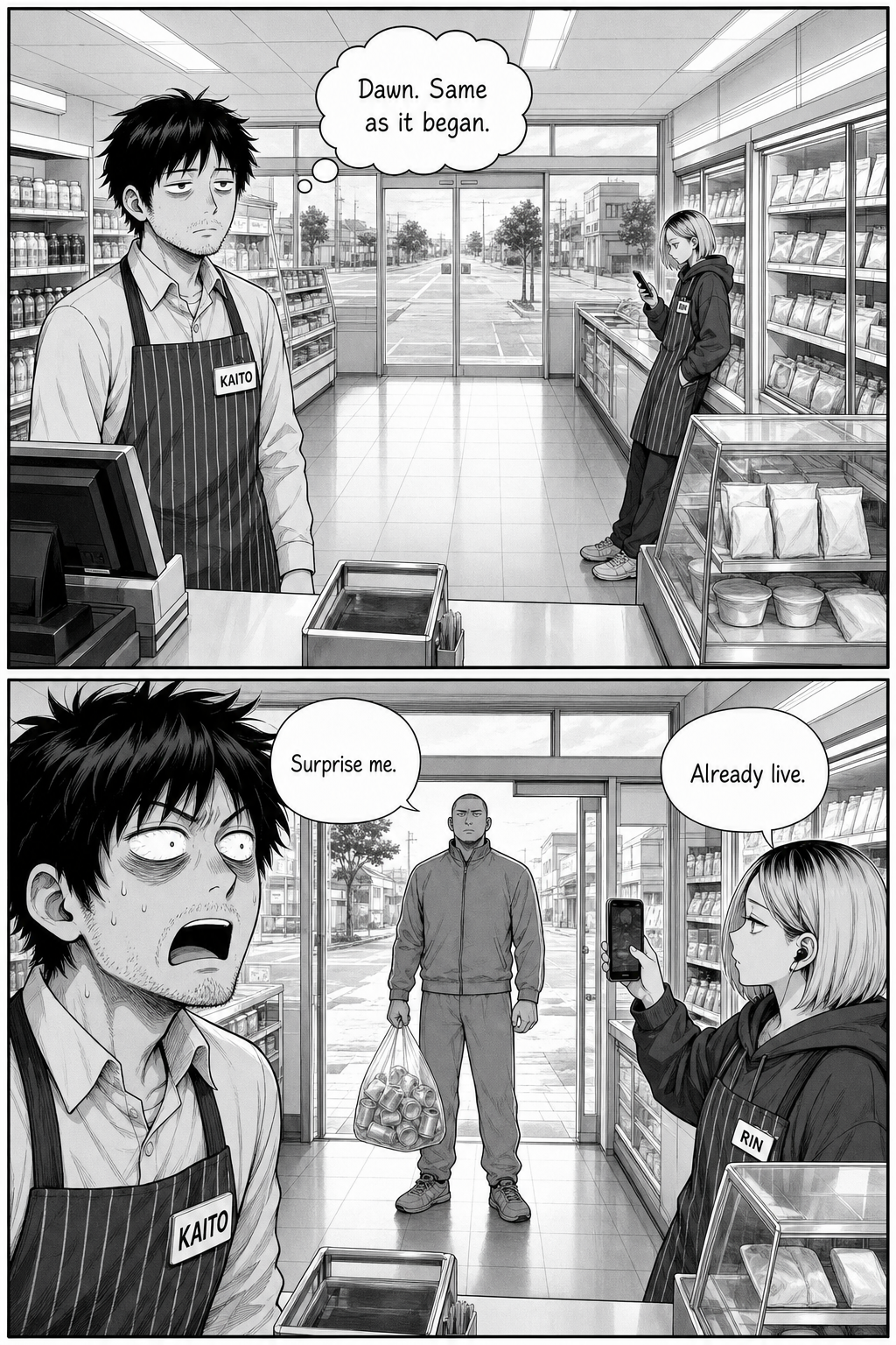 Dawn daylight fills the store just as the night began; the regular returns and says "surprise me" again as Rin starts filming.