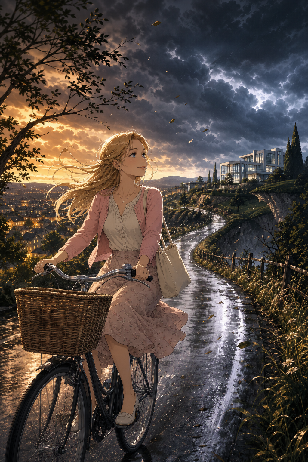 Jane rides a bike along a country road toward a glass mansion on a hill as heavy storm clouds swallow the golden evening sky.