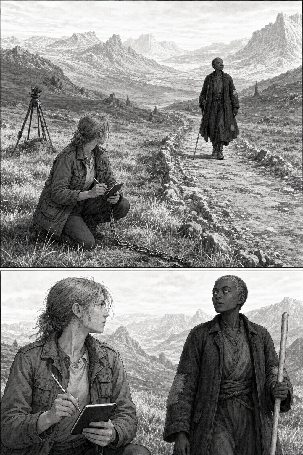 Merel kneels on a pale mountain moor with her field notebook and measuring chain while Adai approaches with a walking stick across the stone road.