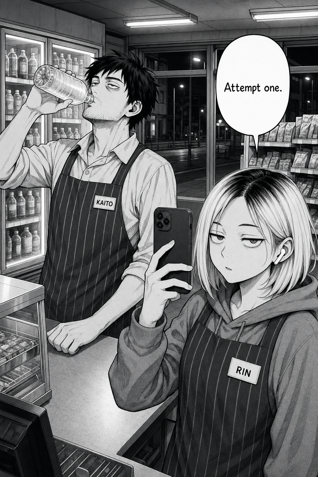 Kaito grimly chugs a plain water bottle behind the counter while Rin films him on her phone in the foreground.