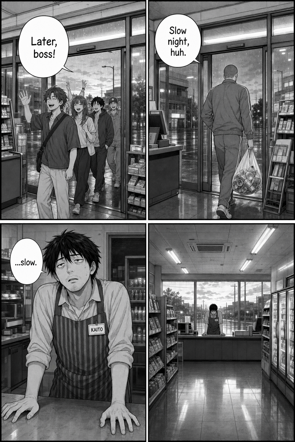 Four panels: pre-dawn light as the karaoke group files out; the tracksuit regular, the last customer, leaves with his bag of cans calling it a slow night; Kaito, wrung out, echoes 'slow'; the store stands finally, genuinely empty in soft dawn light.