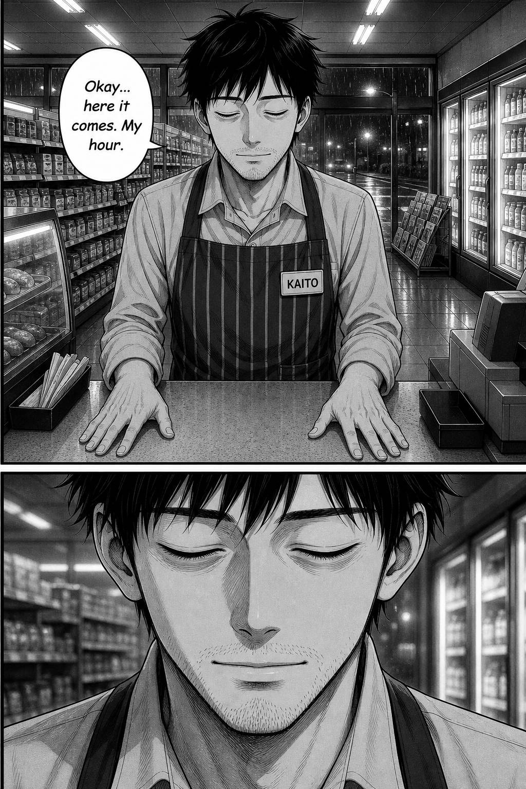Two panels: Kaito slowly closes his eyes, both hands flat on the counter with a serene smile, sure his hour has finally come; then a tight silent close-up on his peaceful sleeping-calm face as the store holds its breath.