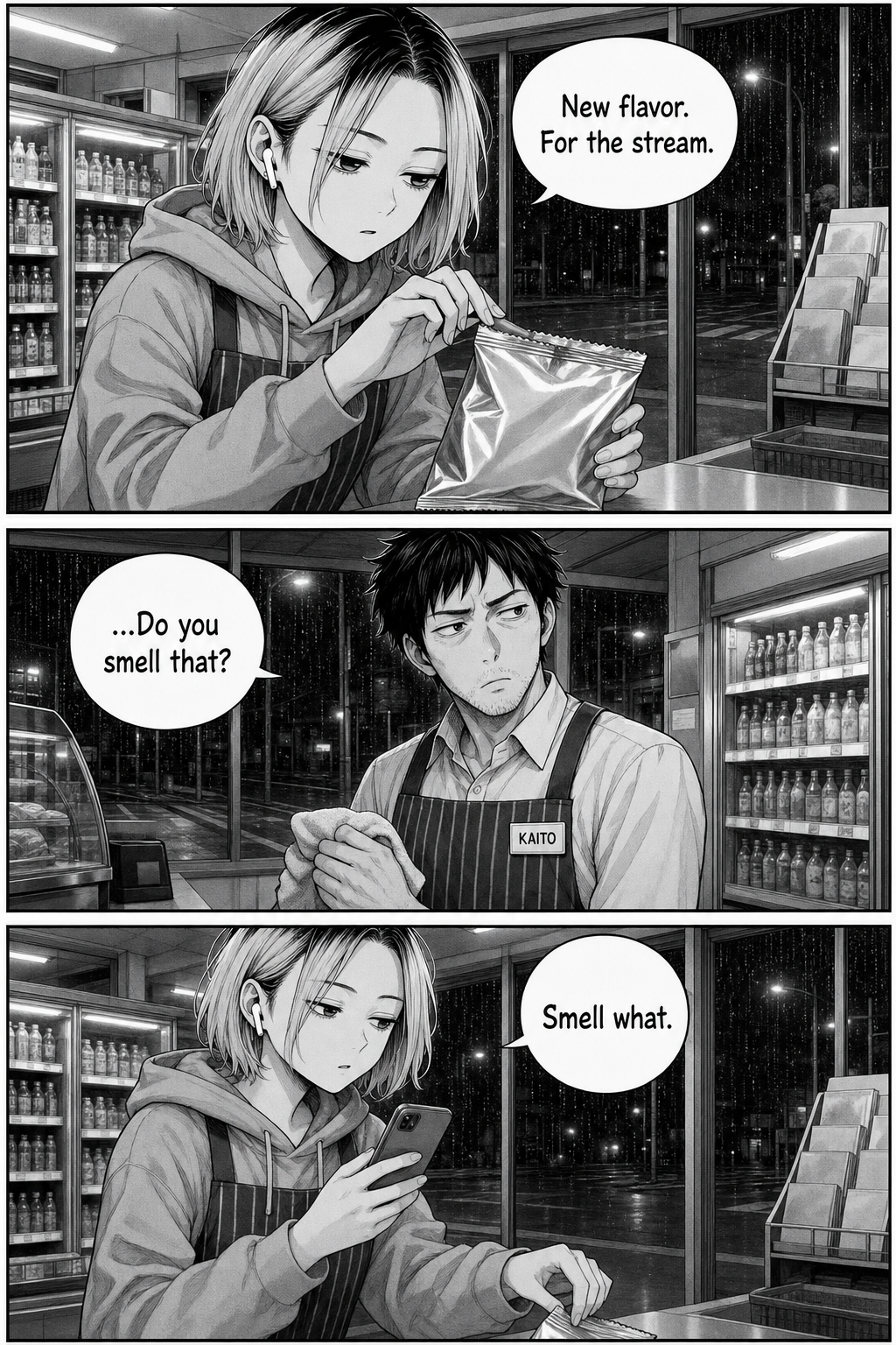 Rin opens a plain foil snack bag on the counter; Kaito's nose twitches and he asks if she smells something, and she flatly says "Smell what."