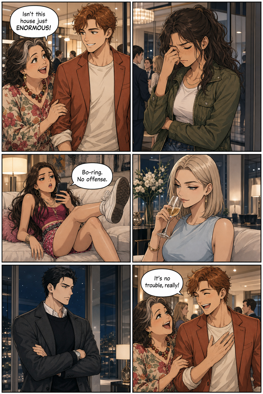 A six-panel montage of the mortifying visit: Mrs. Bennet gushes at Bingley, Lizzie cringes, Lydia lounges bored on the sofa, Caroline sips smugly, Darcy stands stone-faced, and Bingley laughs it off warmly.