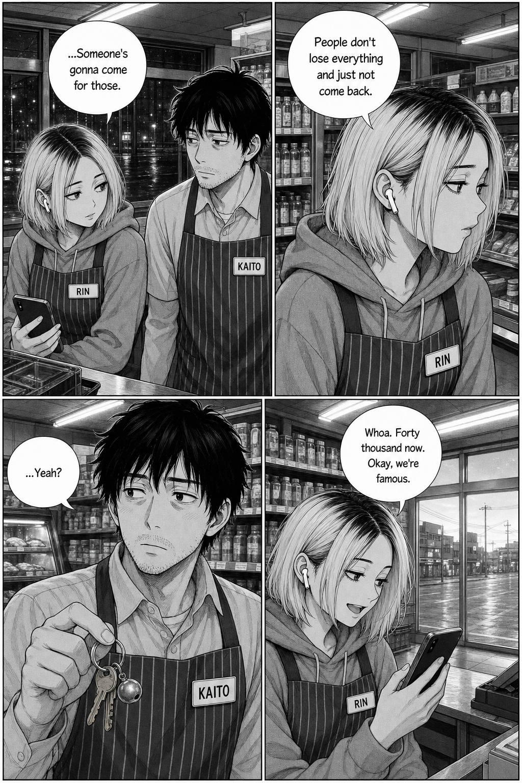 Four panels: Rin lowers her phone and, unusually soft, says someone will come for the keys — people don't lose everything and not come back; Kaito, faintly touched, asks "...Yeah?"; then Rin's phone buzzes hard and she's instantly back on it, smirk returning, announcing forty thousand viewers.