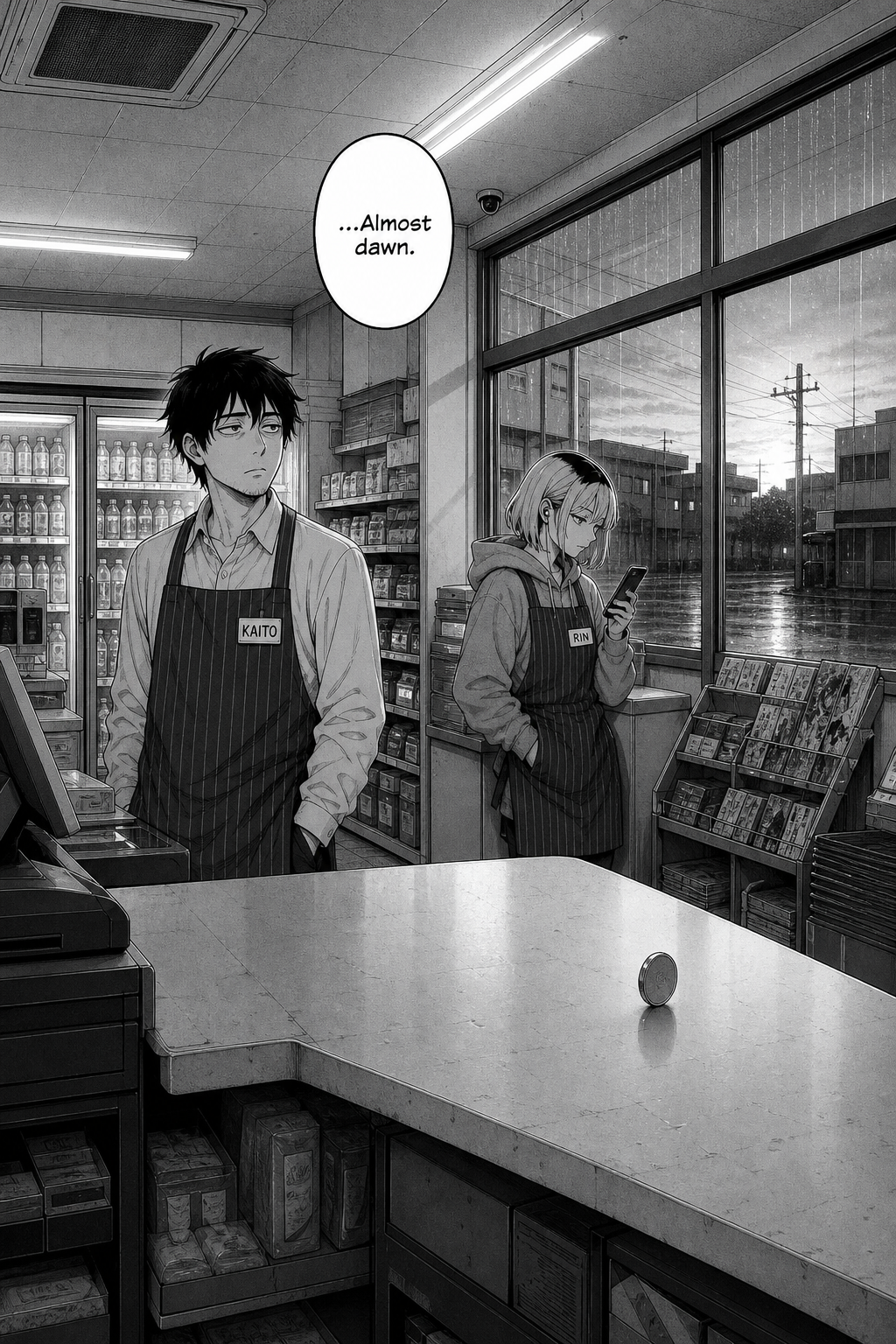 A single quiet panel: the store greying with first dawn light through rainy windows, the coin still standing on the counter, Kaito small and keeping watch.