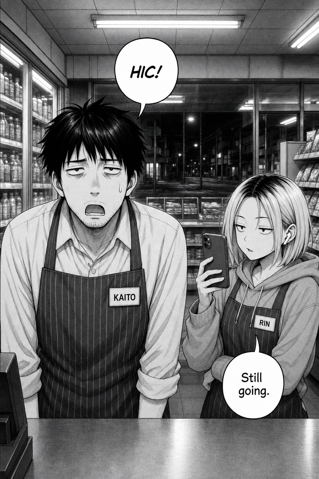 The identical hiccup beat repeats: Kaito mid-'HIC!' behind the counter as his held breath fails, Rin still filming.