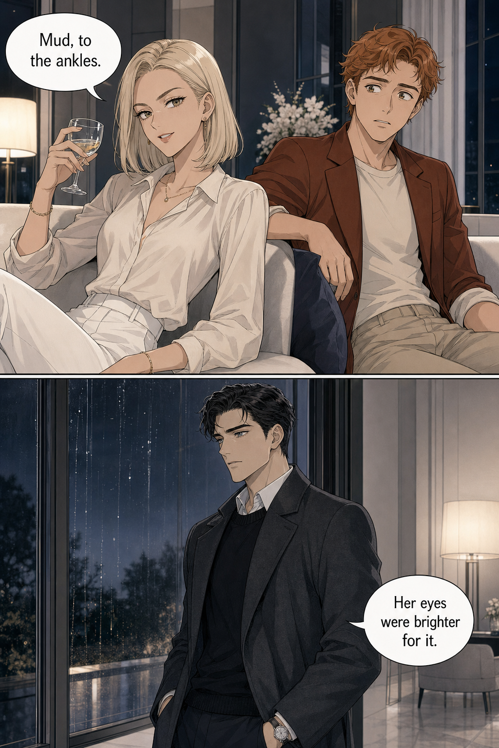 Caroline makes a cutting remark from a pale sofa with a glass of wine while Darcy, at the rain-streaked window, quietly contradicts her.