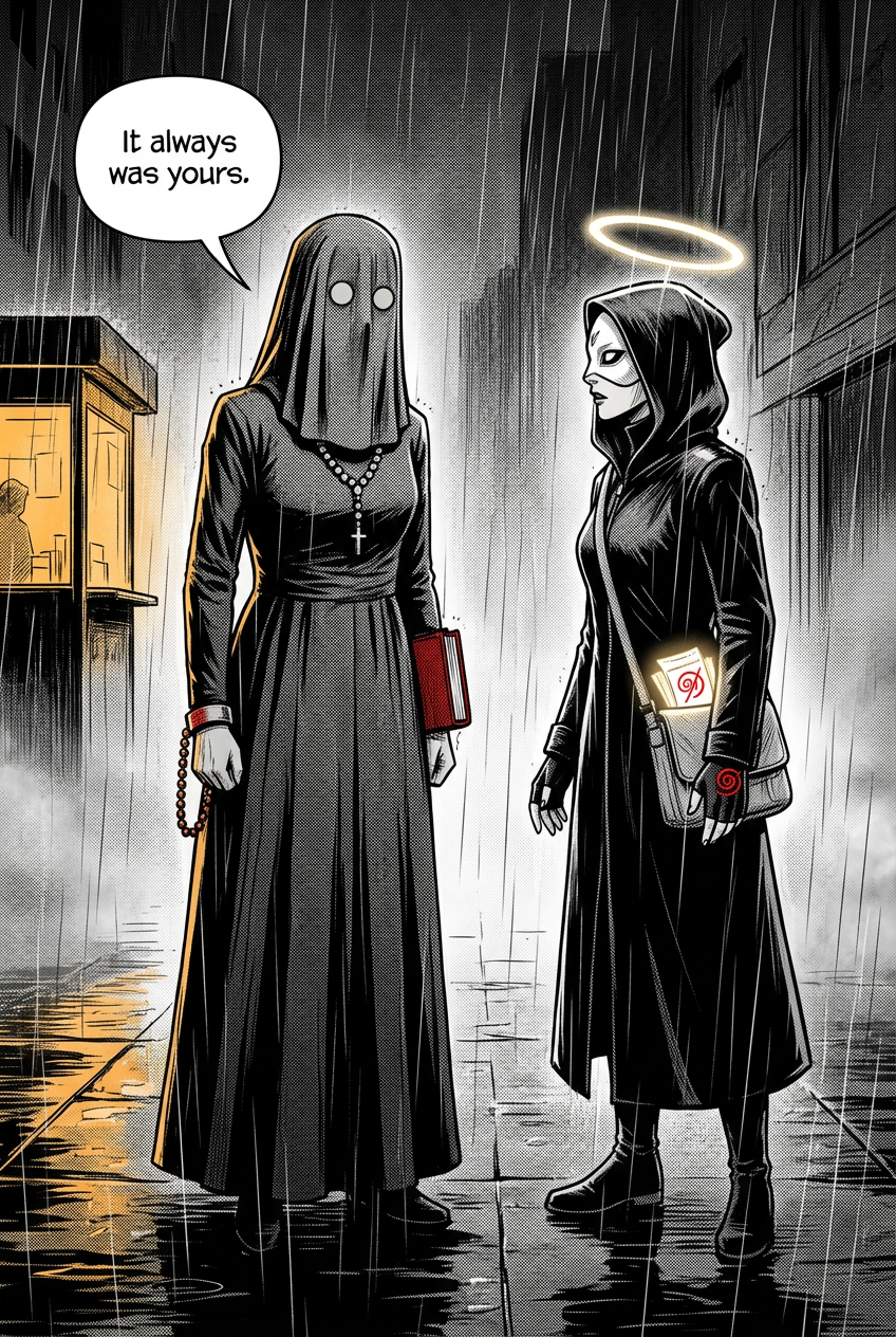 The tall veiled Mother Ledger turns her blank pale eyes toward the masked courier in the rain, having known the truth all along.
