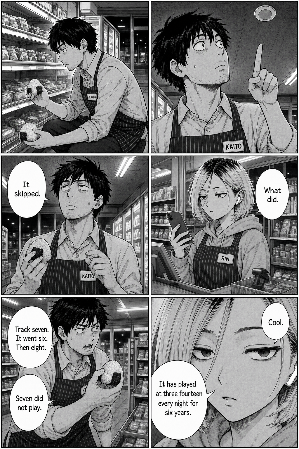 Six panels. Kaito freezes mid-restock with one finger raised, listening to the ceiling speaker, and realises the loop has skipped a track. Rin does not care.