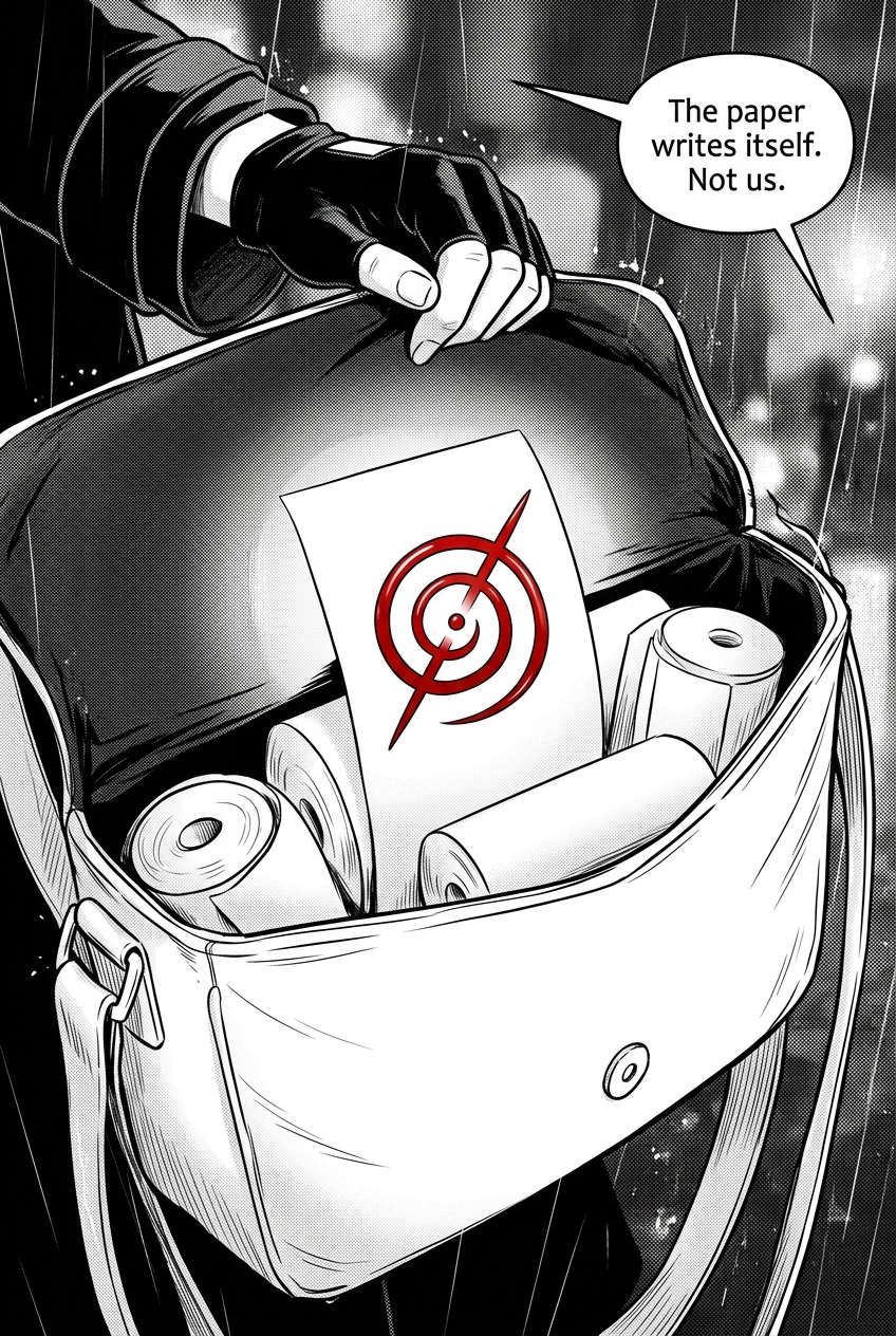 Inside the courier's open satchel, a blank glowing receipt has the red spiral-slash glyph forming on it by itself, as if written by an invisible hand.
