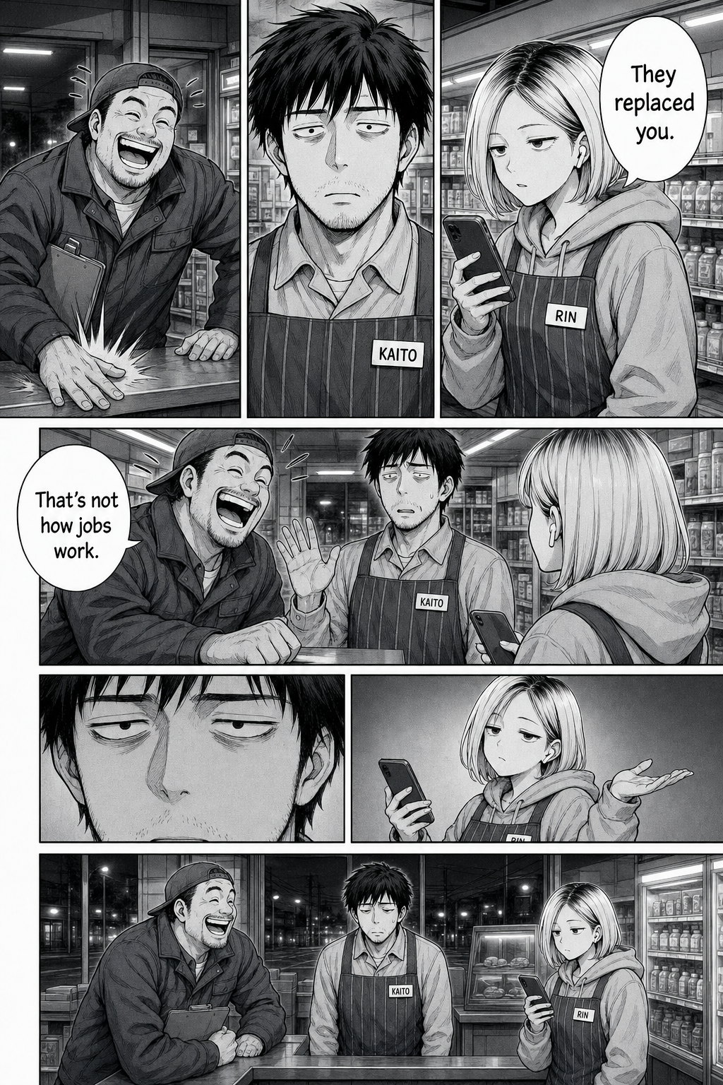 Dense seven-panel manga page: Rin flatly suggests Kaito has been replaced, the driver laughs and slaps the counter, and Kaito weakly protests that jobs don't work that way.