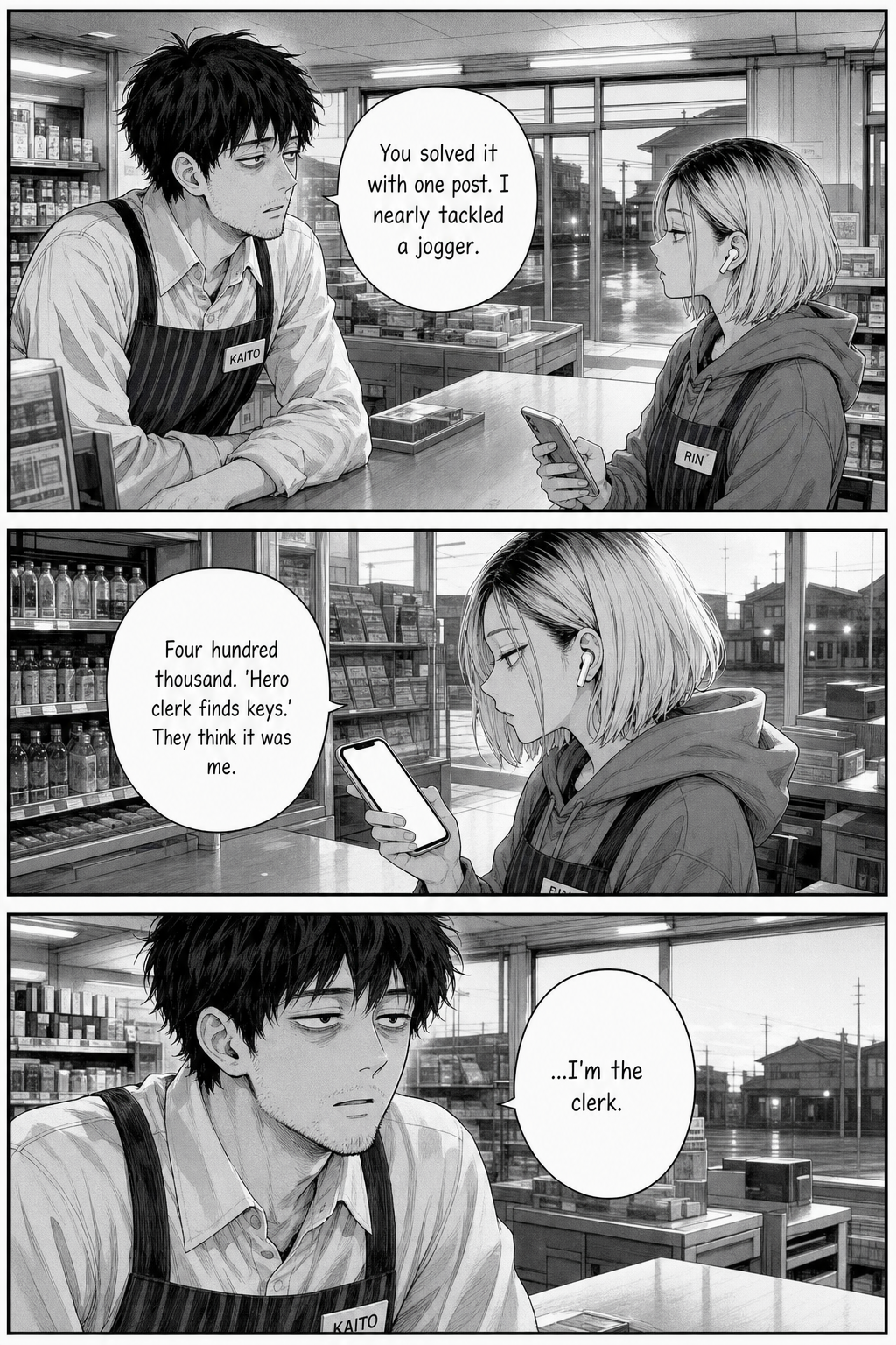 Three panels in dawn light, the owner gone: Kaito flatly tells Rin she solved it with one post while he nearly tackled a jogger; Rin, checking her numbers, says four hundred thousand — "Hero clerk finds keys" — and they think it was her; Kaito, pure deadpan, replies "...I'm the clerk."