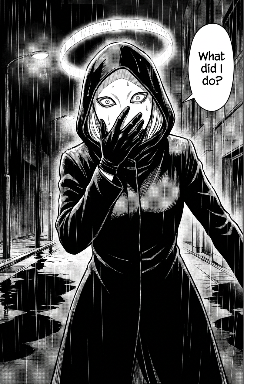 The masked courier staggers back a half step in the rain, one gloved hand rising toward her mask, her eyes stricken behind the slits.
