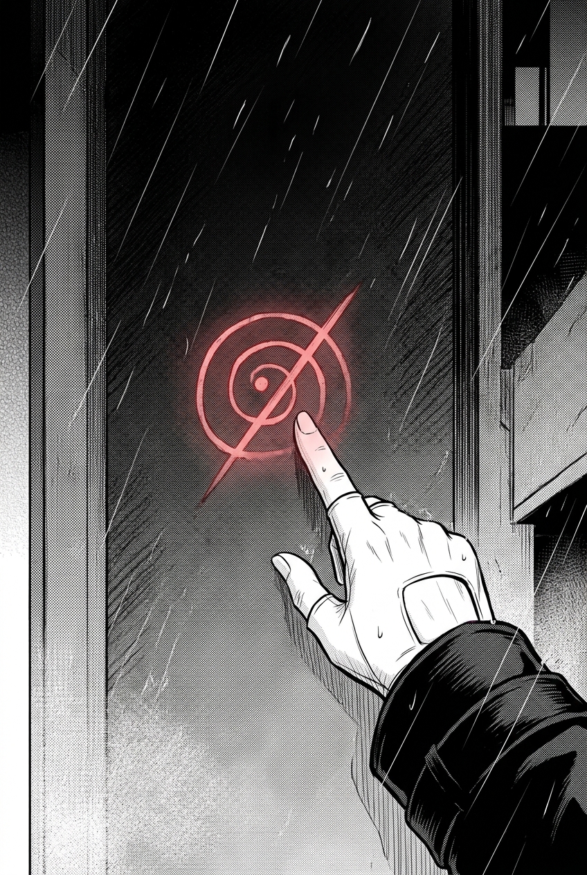 The courier's gloved fingertip traces the same red glyph glowing in the wet air, her hand moving on pure instinct — the match that reveals the mark is her own.
