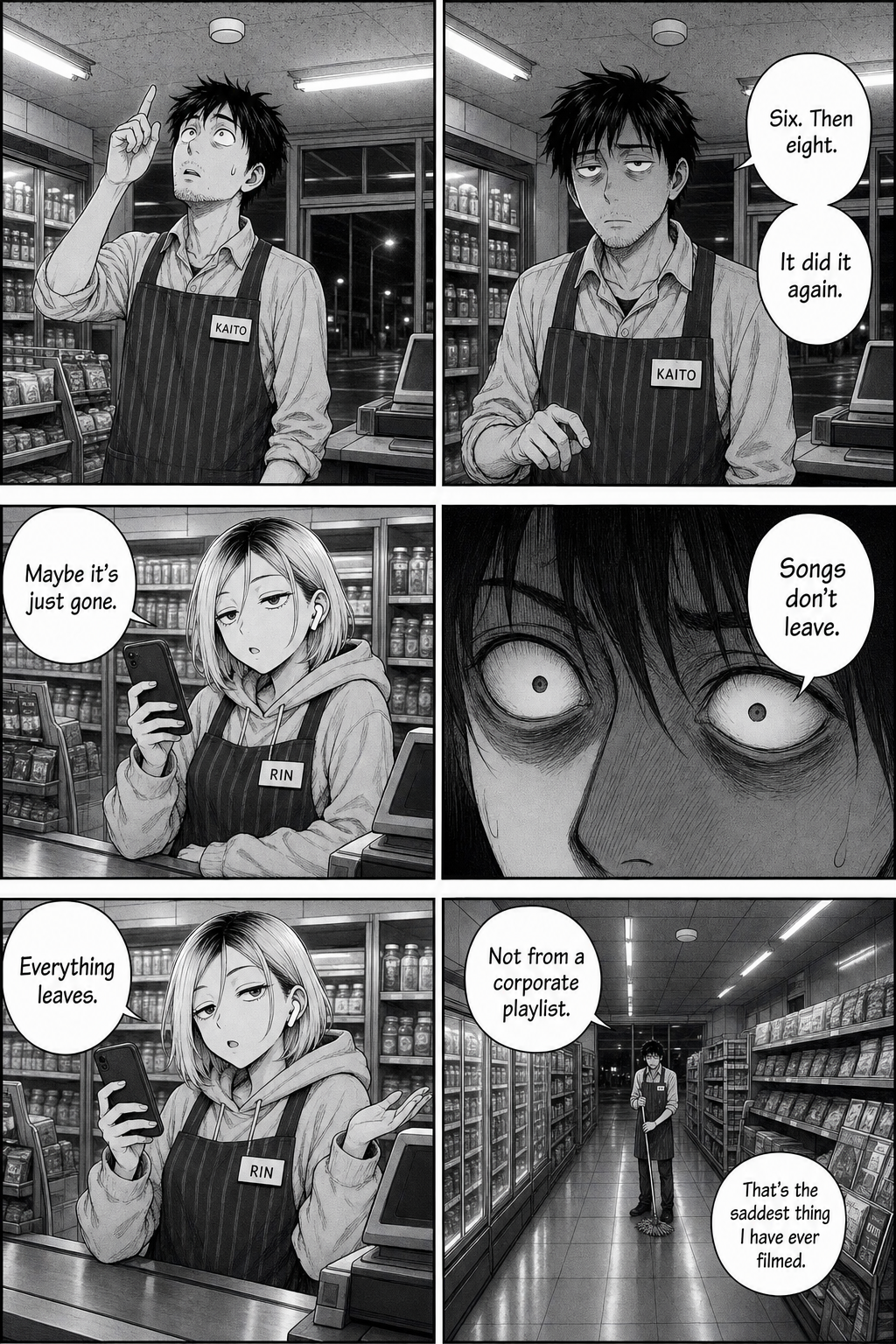 Six panels. The loop skips again. Kaito insists songs do not leave; Rin says everything leaves, and films the saddest sentence she has ever heard.