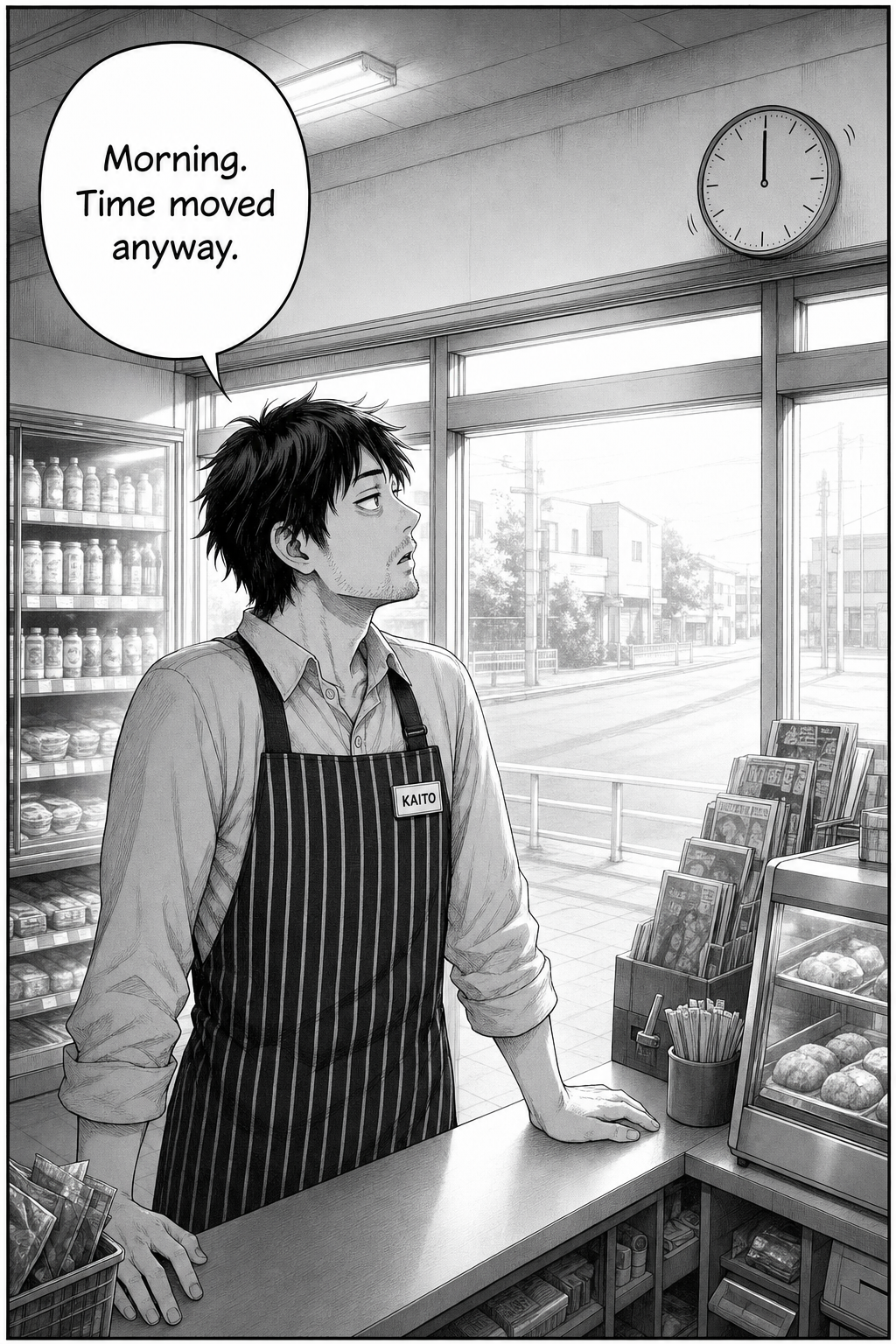 Wide dawn shot: pale morning light floods the store windows and the street outside has gone grey-white. Kaito turns toward the light, realization dawning on his tired face.