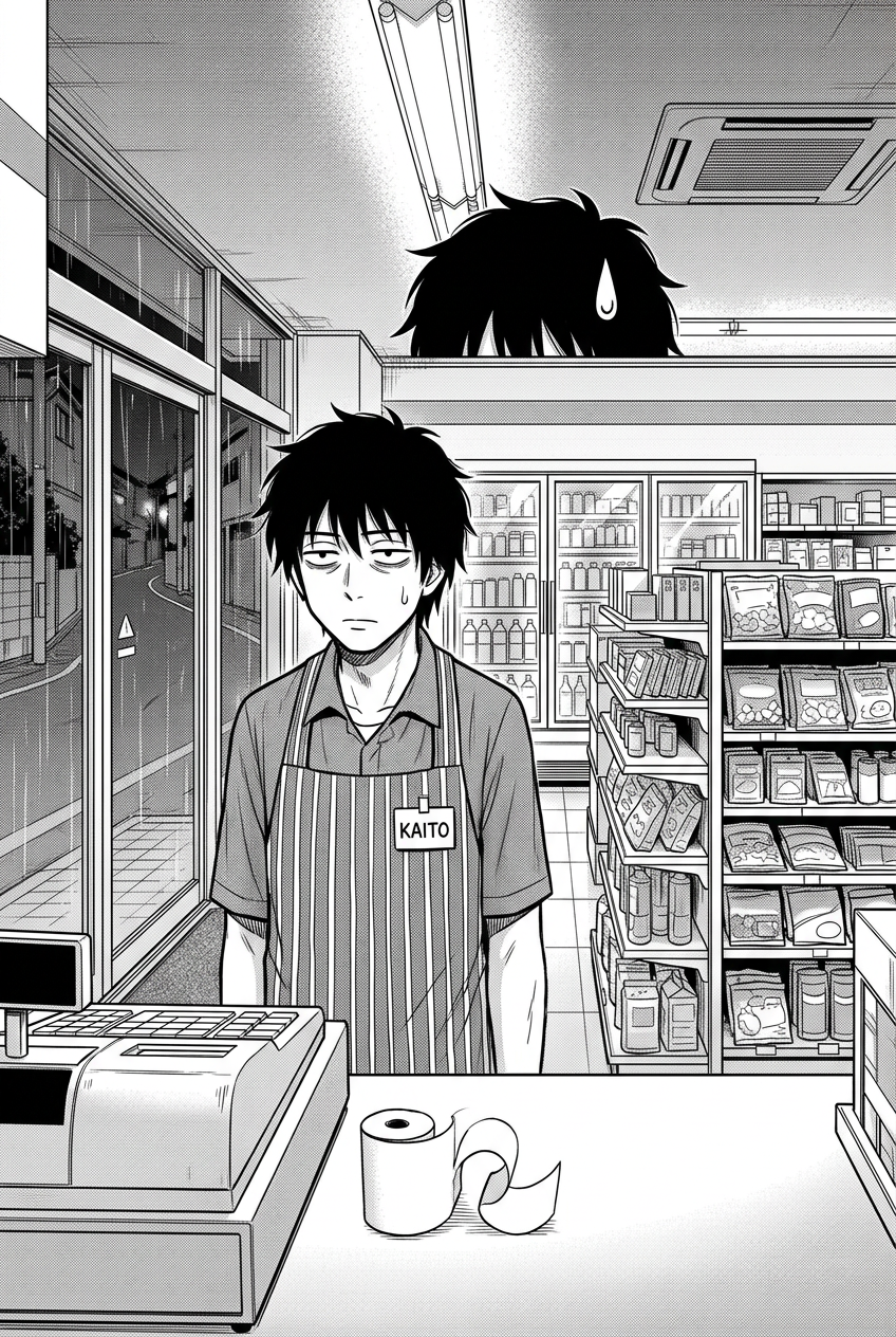 Silent panel. Close on Kaito alone behind the counter, staring flatly at the sliding doors, a single exaggerated sweat drop on his temple, mouth a flat line.