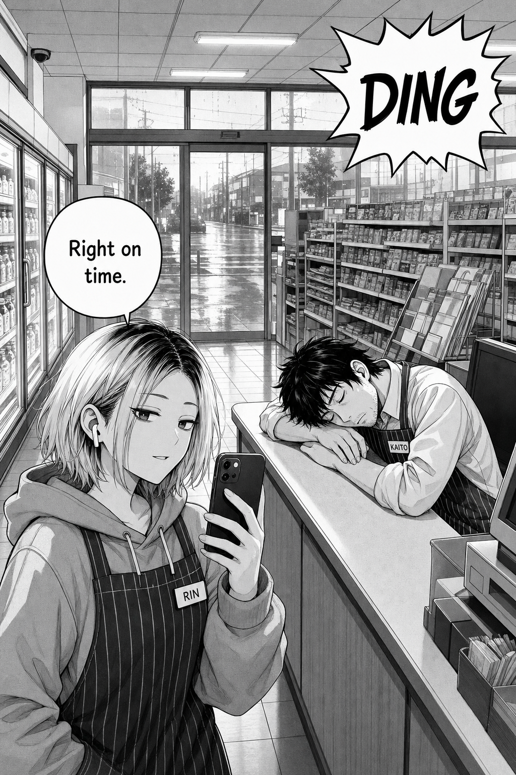 A closing splash panel mirroring the opening, now in pale dawn daylight: the calm empty store with Kaito asleep on the counter where he stood awake at the start, and Rin in the foreground raising her phone to post, faint smirk, as the doors chime once more.