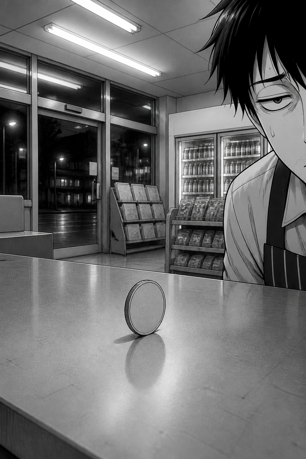 A single quiet panel: the coin still standing on its edge under the fluorescent light, a bead of sweat on Kaito's temple at the frame's edge.