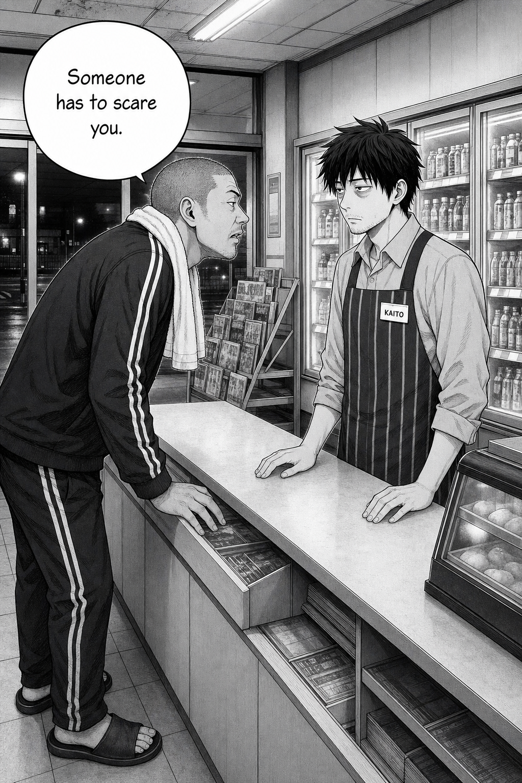 A tracksuit regular with a shaved head and towel around his neck leans in gravely; Kaito faces him with quiet dread.