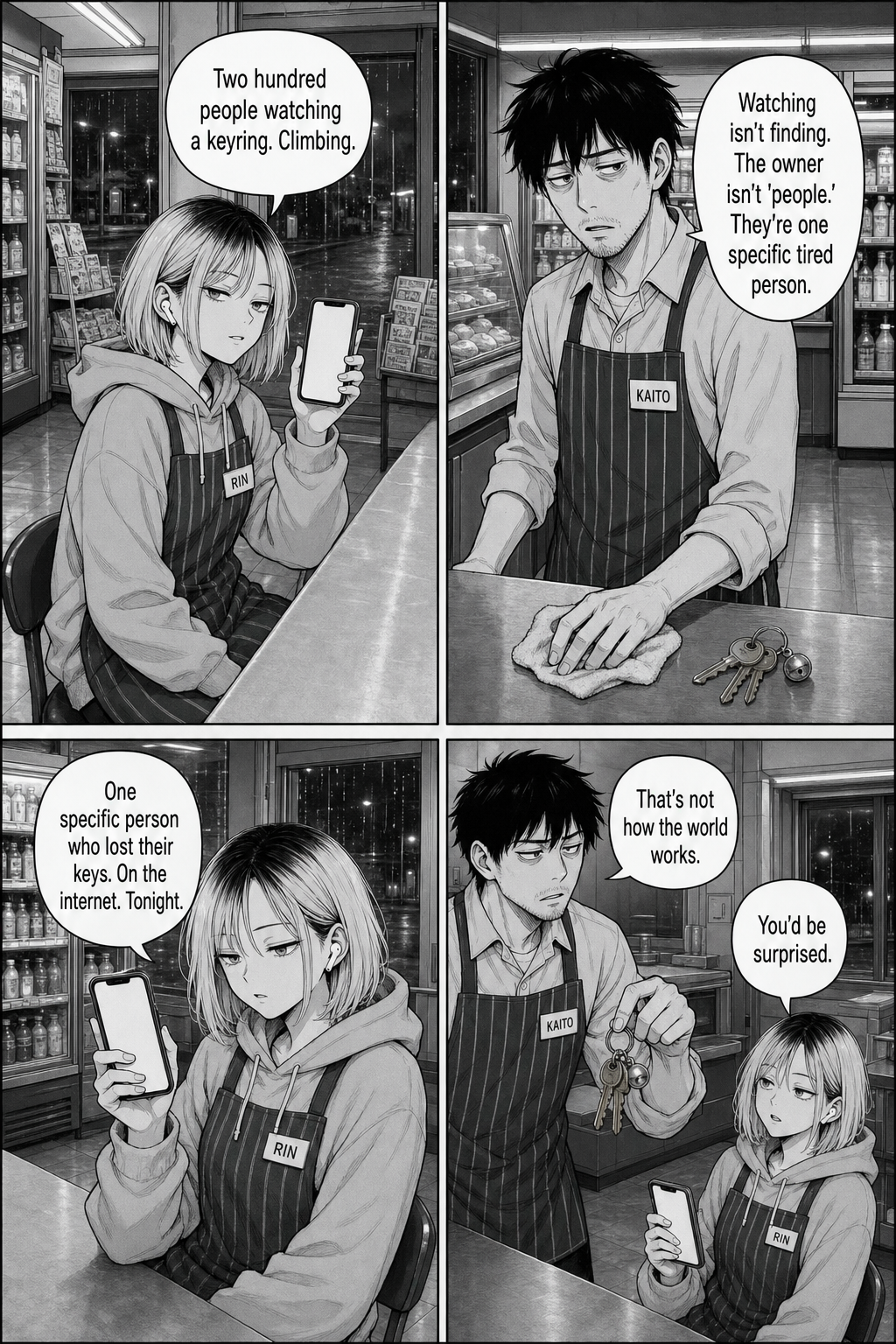Four panels: Rin reports two hundred people are watching the keyring online and climbing; Kaito, wiping the counter, insists watching isn't finding and the owner is one specific tired person; Rin repeats that one specific person lost their keys online tonight; Kaito says that's not how the world works, and Rin replies you'd be surprised.