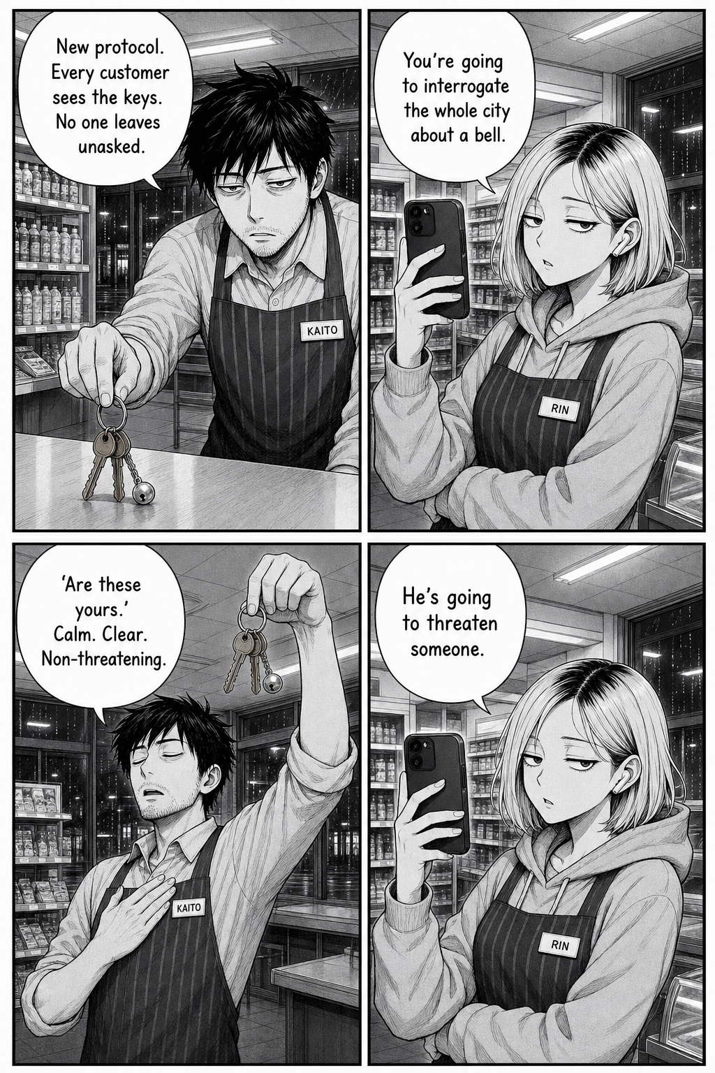 Four panels: Kaito sets the keyring upright on the counter and declares a new protocol that every customer will see the keys; Rin says he'll interrogate the whole city about a bell; Kaito rehearses his calm, non-threatening line while holding the keyring aloft; Rin deadpans to her camera that he's going to threaten someone.