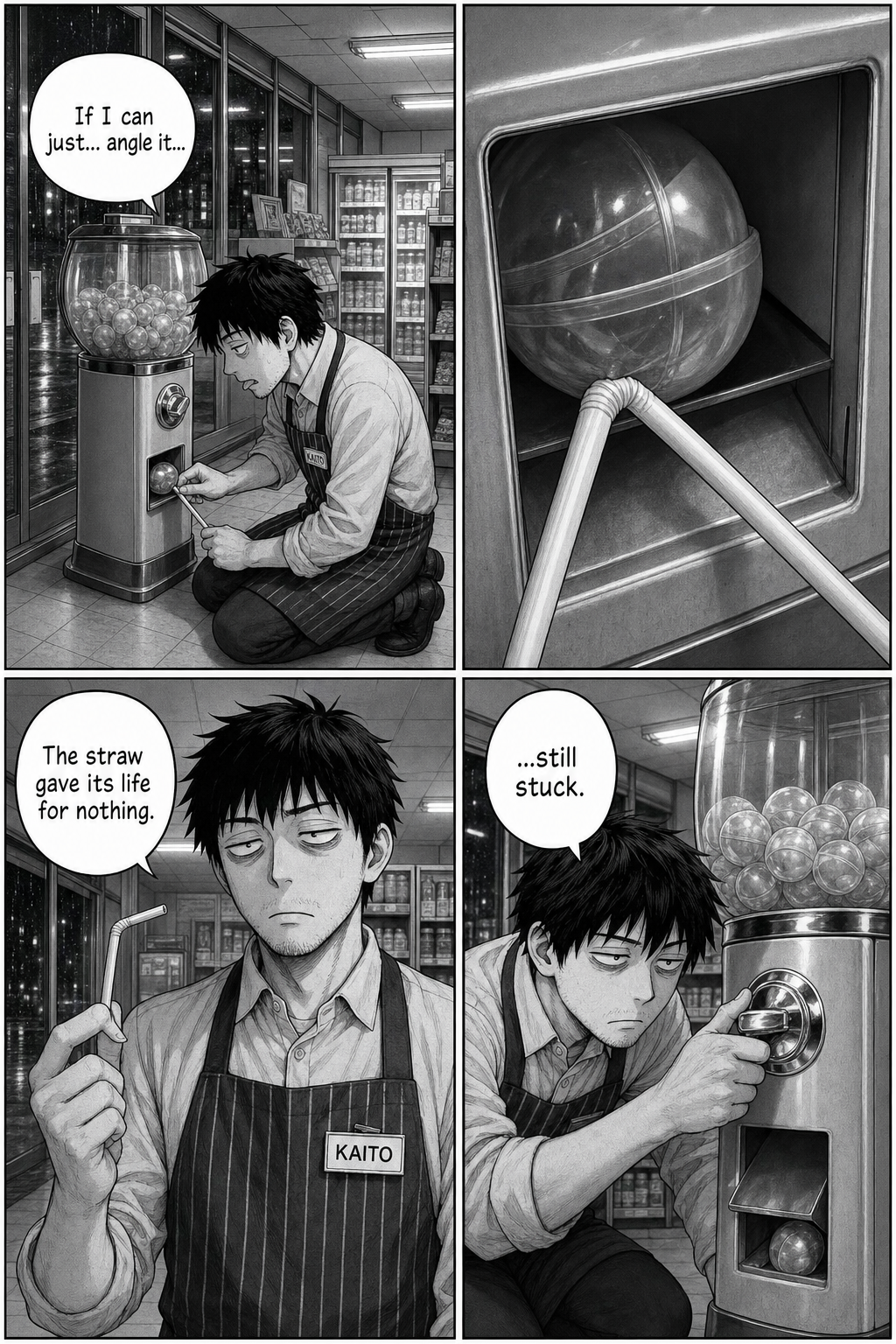 Kaito kneels and feeds a drinking straw up the chute; it bends uselessly against the capsule; he holds up the wrecked straw and repeats the beat.