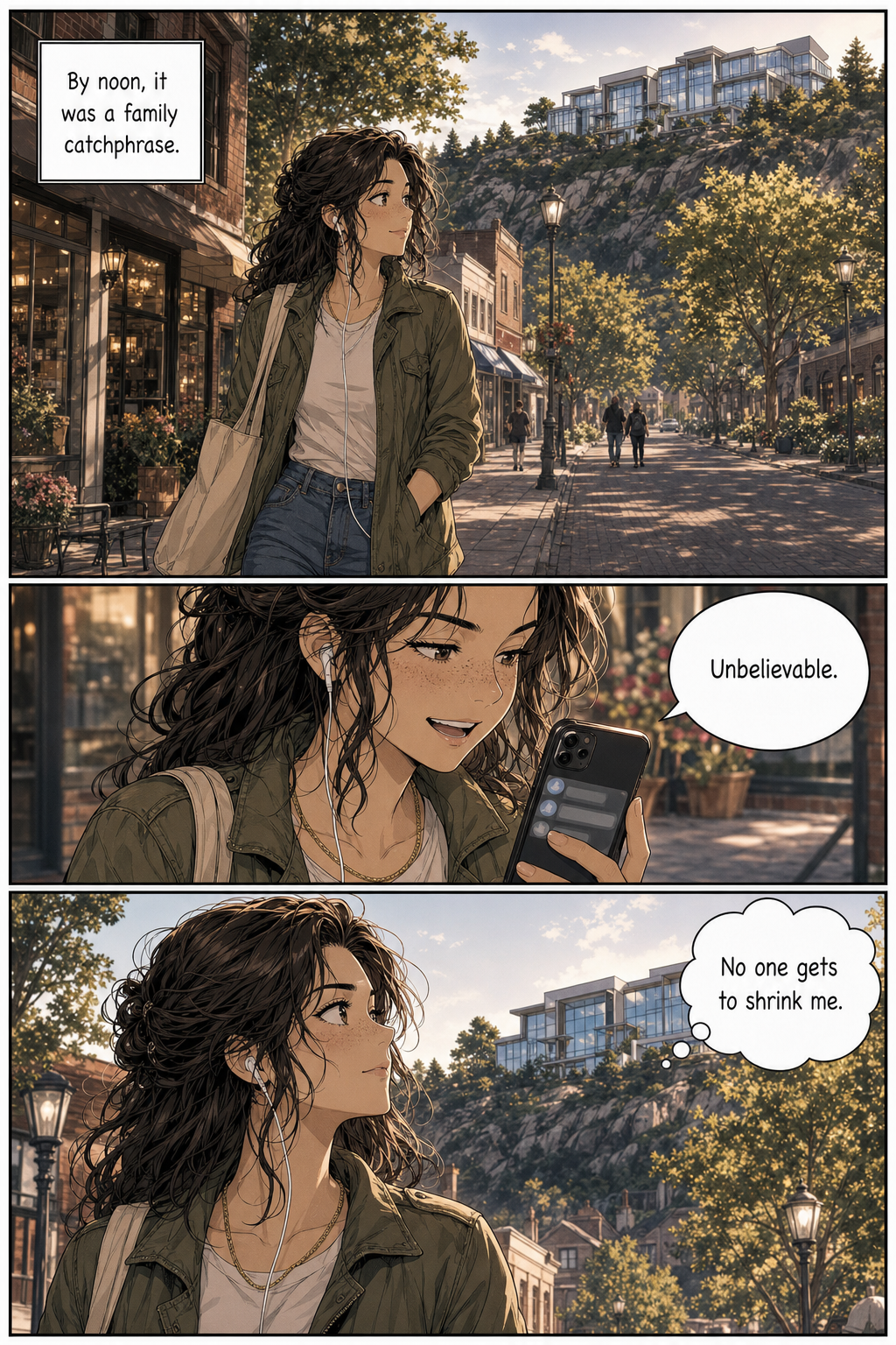 Lizzie walks alone through town in her olive jacket with earbuds and a tote bag, laughing at family messages before looking toward Netherfield.