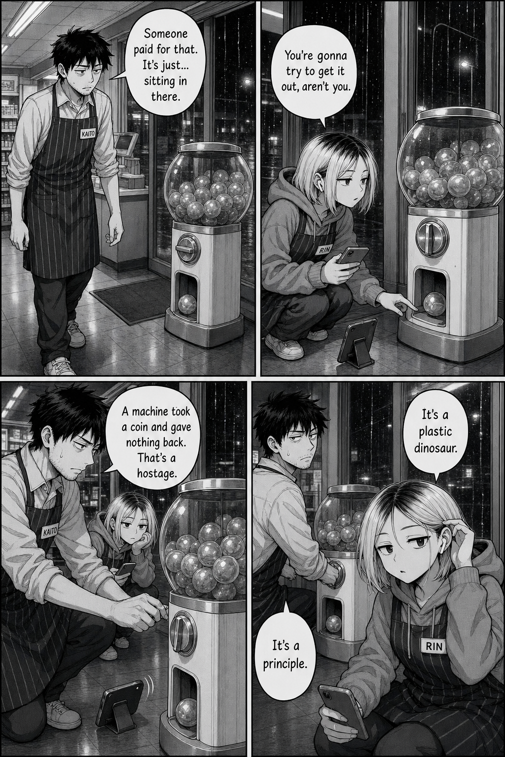 Kaito comes out to the machine, fixated on the stuck capsule; Rin is already crouched at the flap with her phone propped, deadpan.