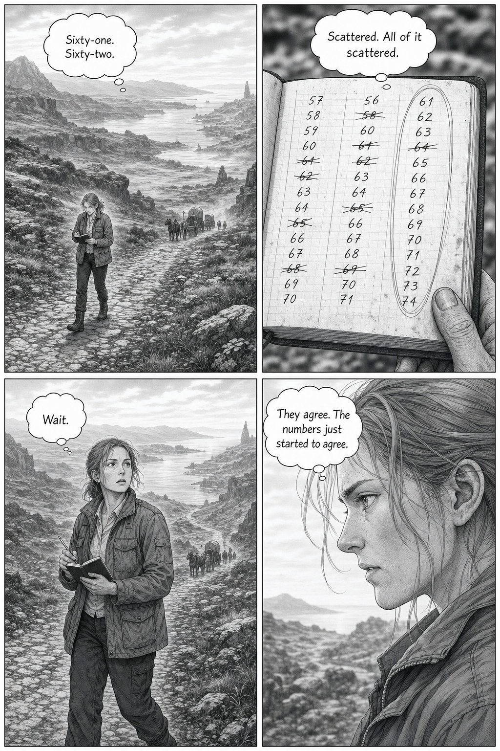 While the caravan travels through the vast landscape, Merel walks apart, studies columns of numbers in her notebook, and suddenly reaches a realization.