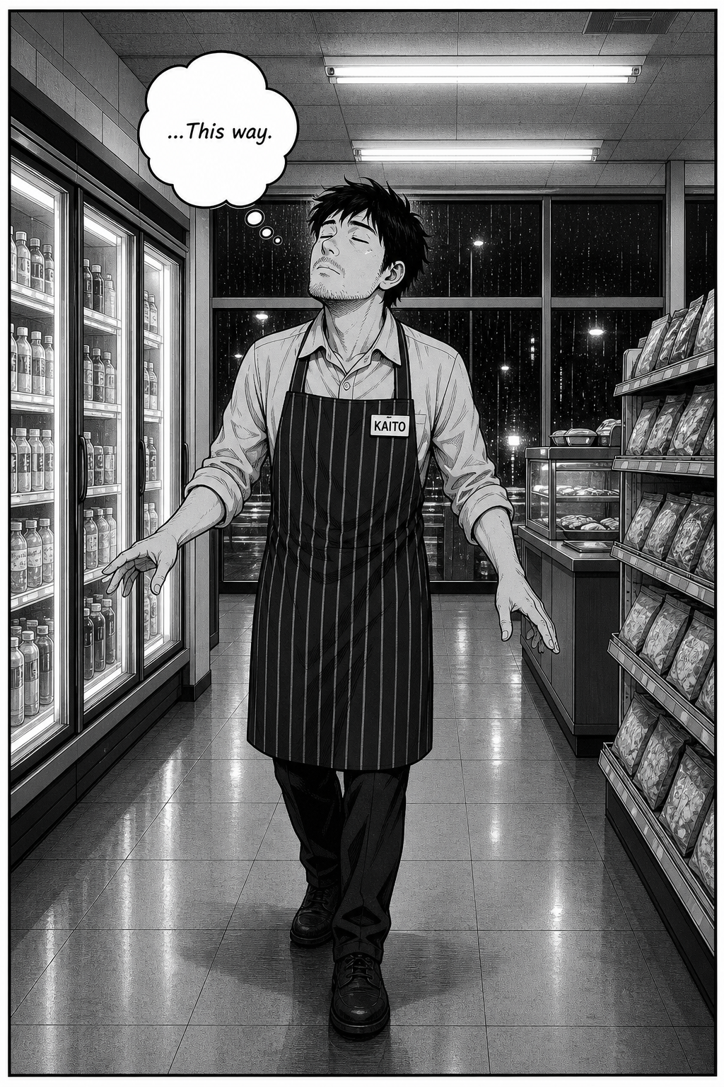 A quiet full-page panel: Kaito stands alone in a spotless aisle, eyes closed, nose lifted, arms slightly out, tracking the smell like a bloodhound.