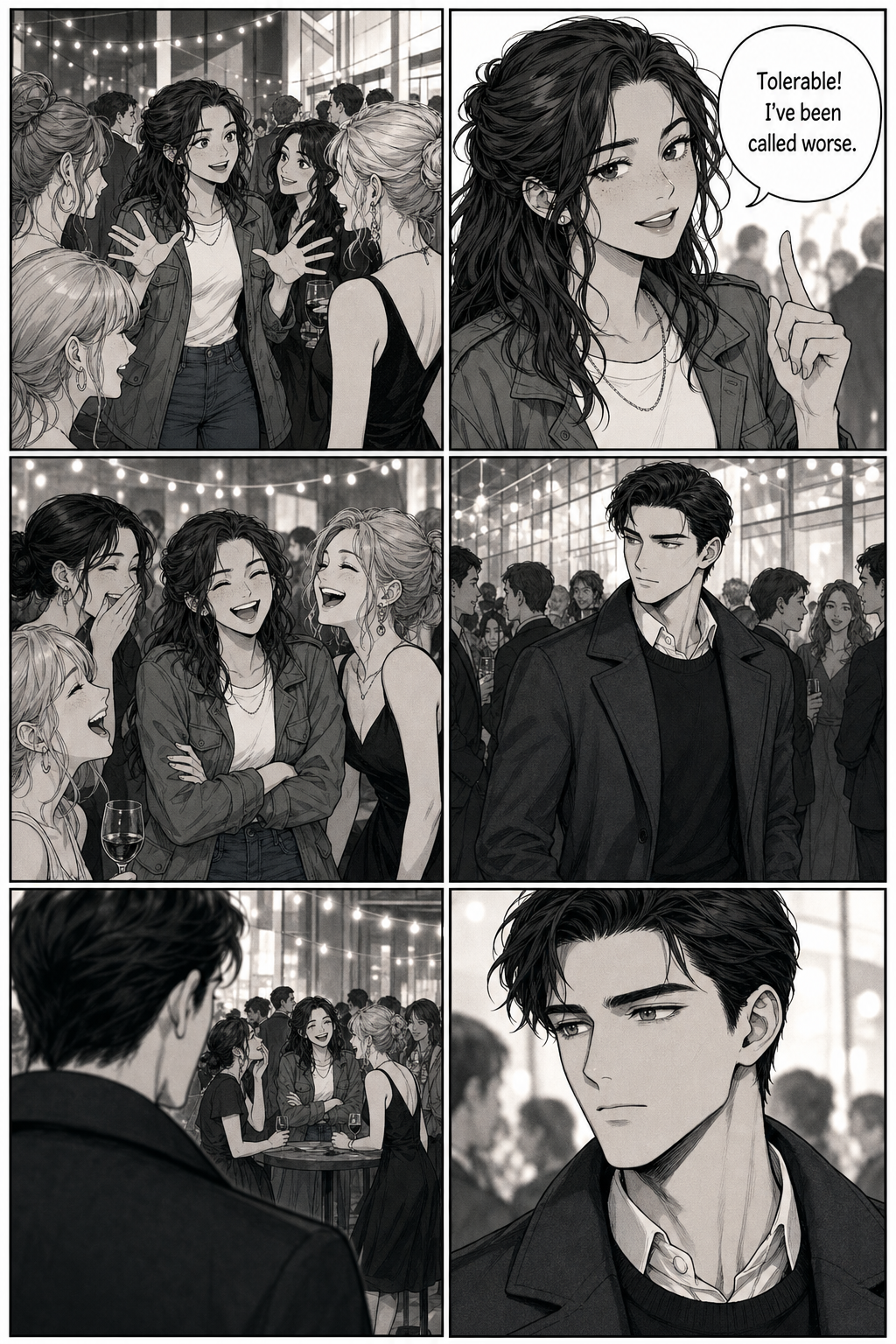 Lizzie retells the insult to her friends as a joke and they laugh hard. Across the party, Darcy hears the laughter, sees that it is at his expense, and something shifts behind his expression.