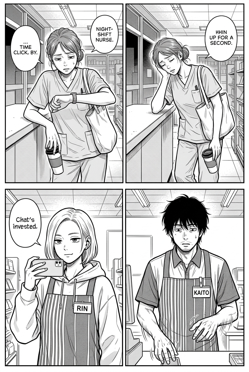 Four panels: the exhausted nurse checks her watch and leans on the counter with her eyes closed, Rin films with a smirk, and Kaito's hands blur across the register.