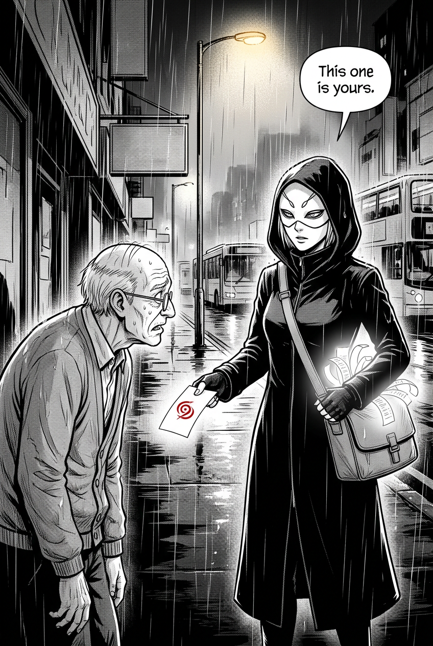 Under a streetlight in the rain, the masked courier holds a glowing receipt out to a hunched, anxious old pawnbroker in a cardigan and wire glasses.
