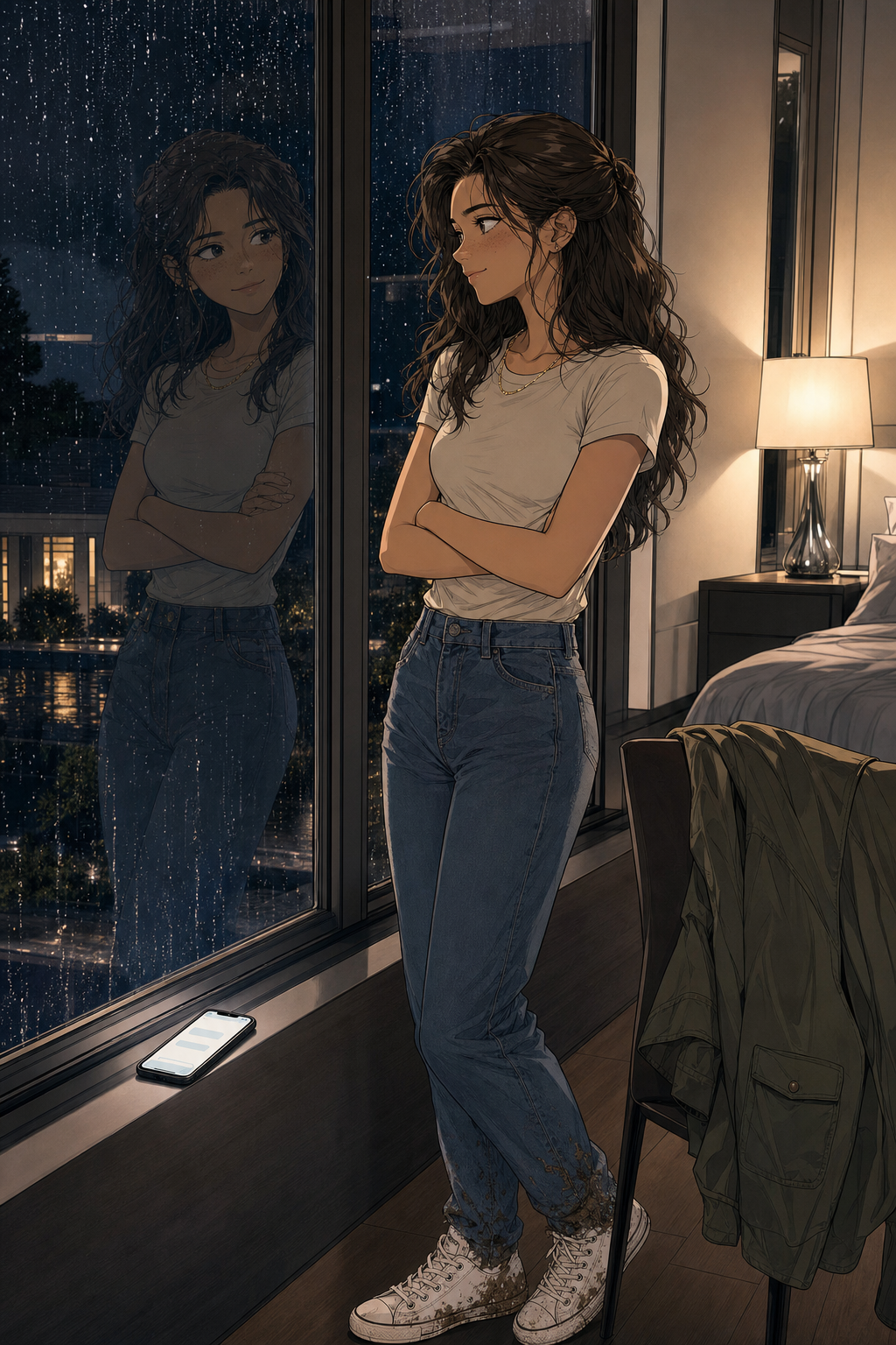 At night, Lizzie stands at a rain-streaked guest-room window, catching her own faint half-smile in the reflection, her jacket draped over a chair and her phone glowing on the sill.